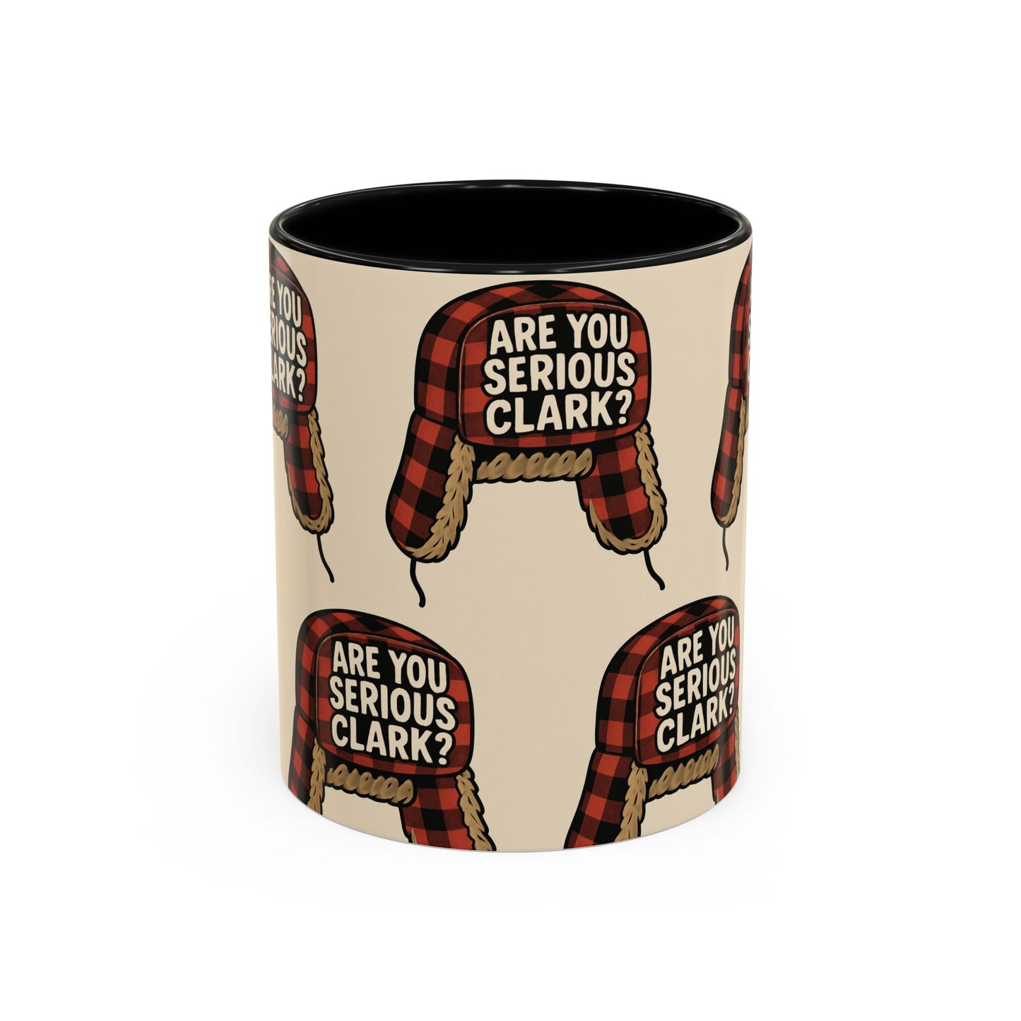 Mug with plaid hat design and 'Are You Serious Clark?' text on a beige background
