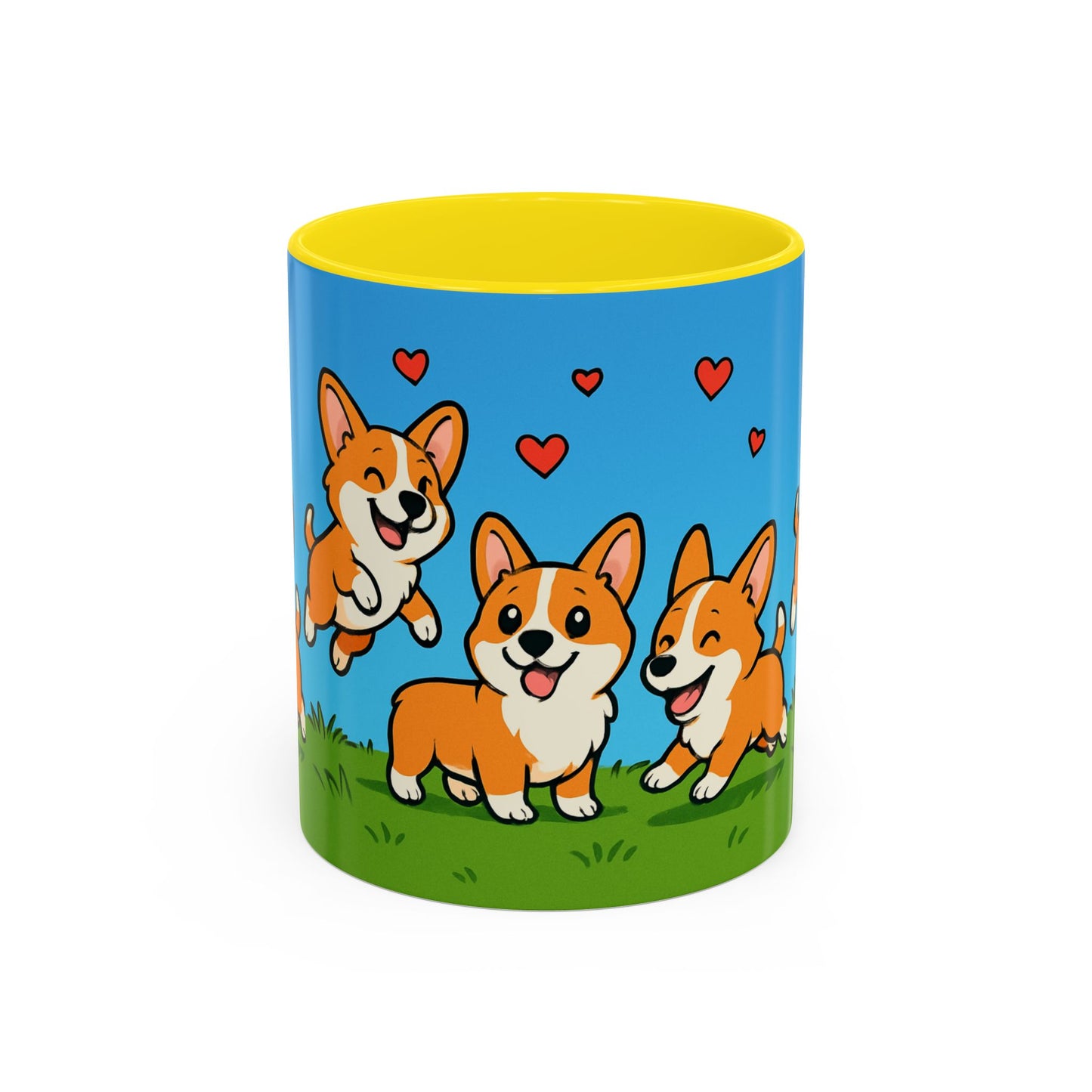 Mug with cartoon corgis and hearts on a blue background