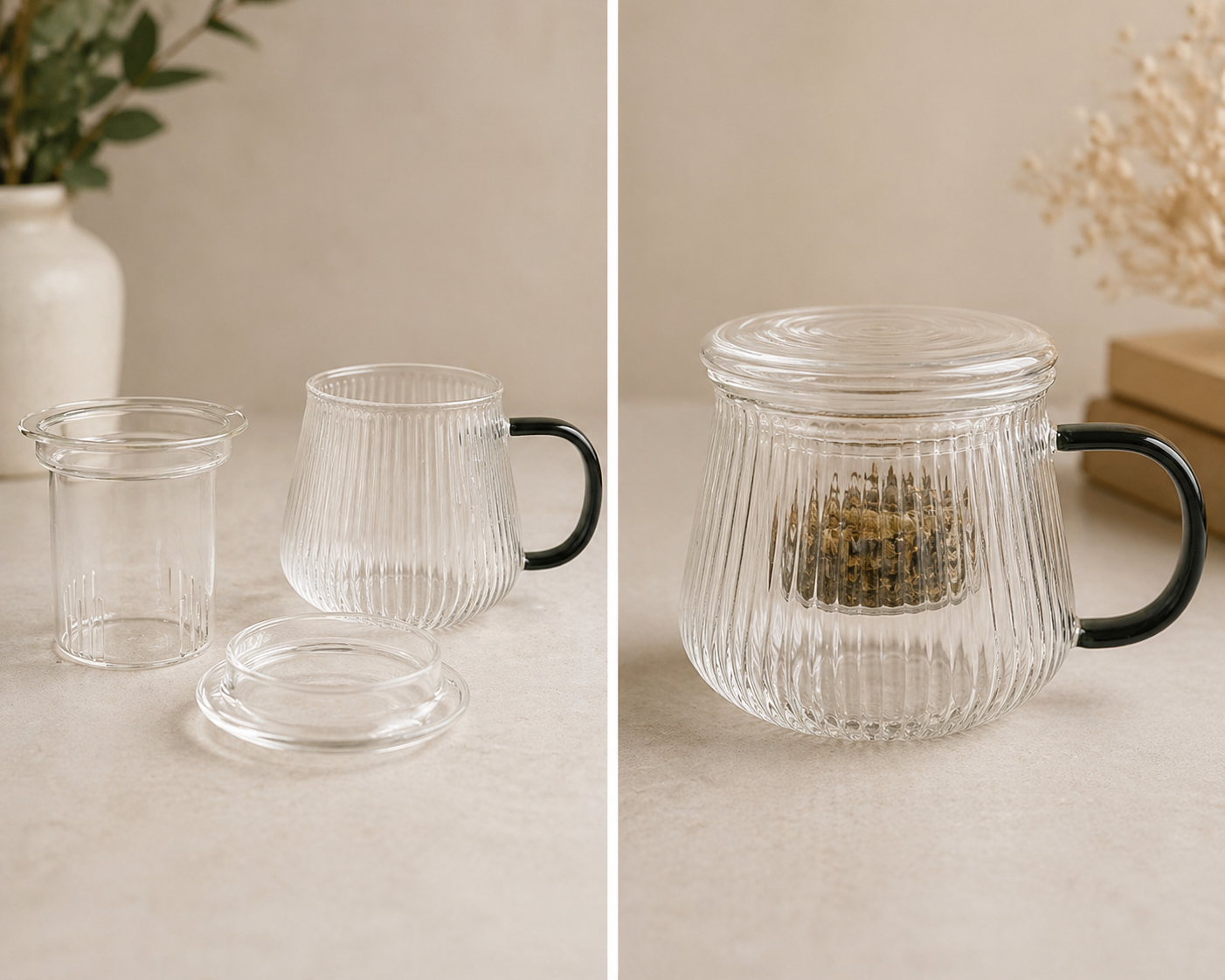 Set of glass mugs with ribbed design and black handles on a neutral background.