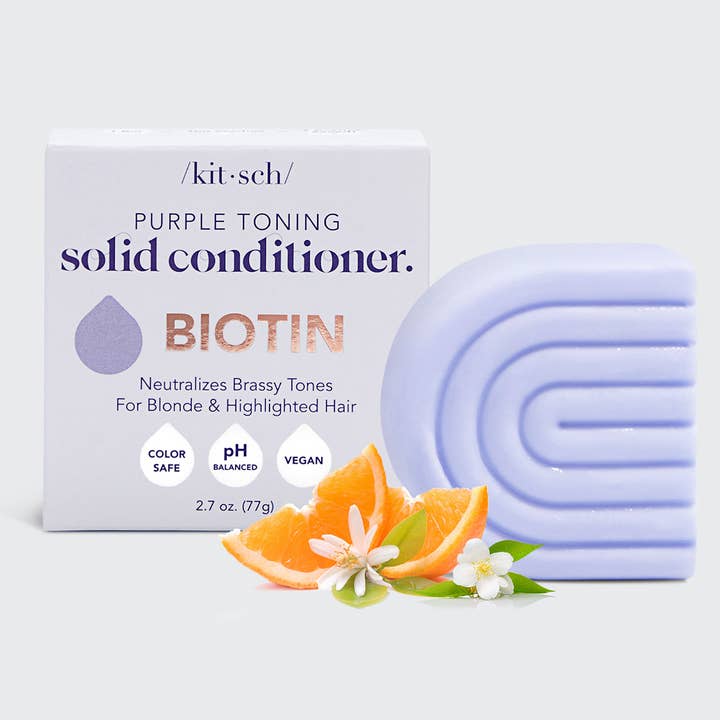 Purple toning solid conditioner bar with packaging on a white background