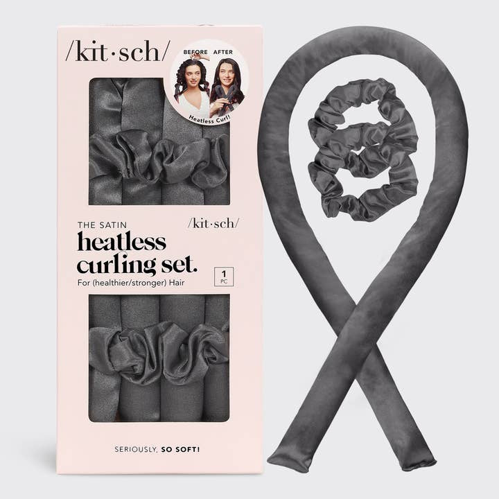 Gray satin heatless curling set with packaging on a light gray background