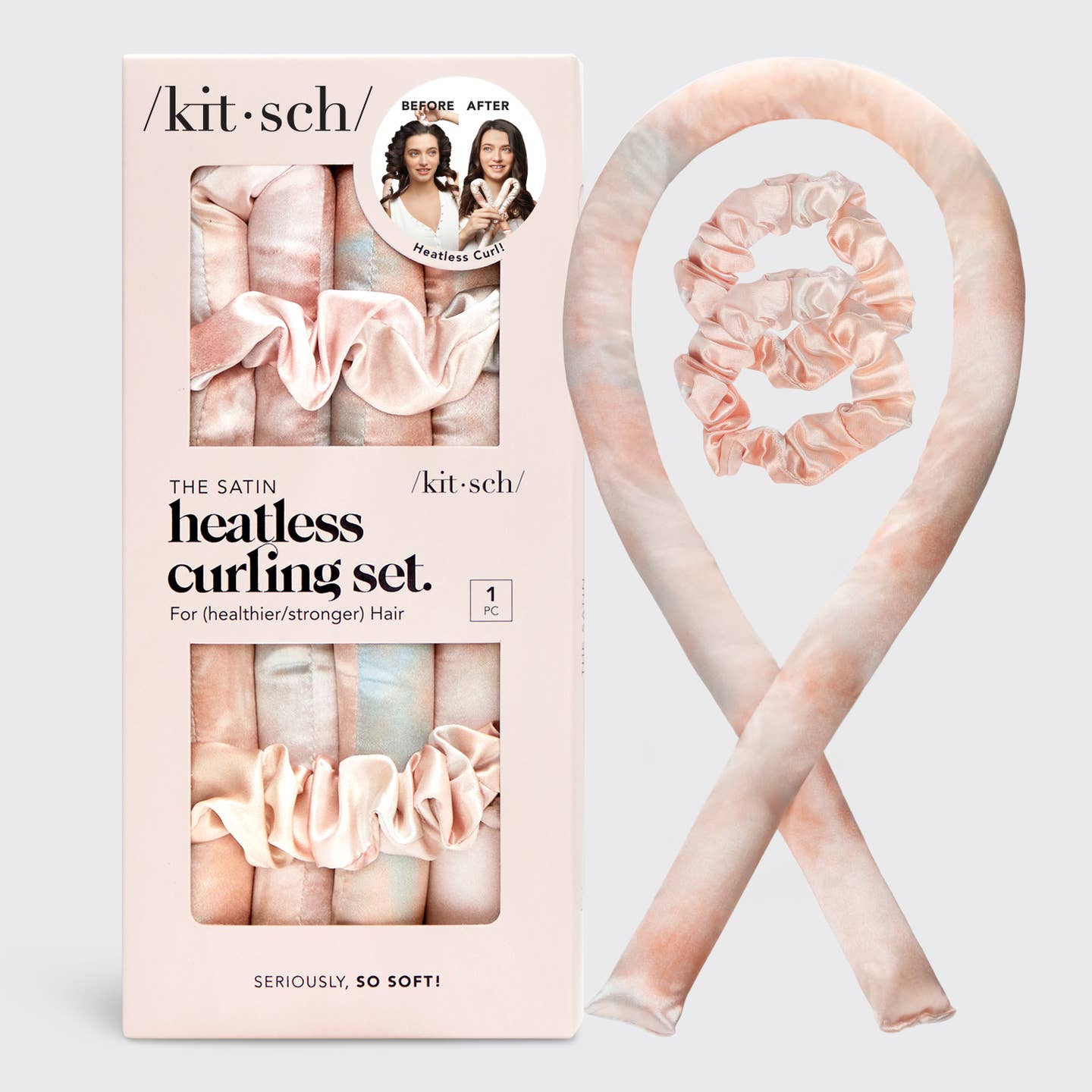 Kit Sch satin heatless curling set with packaging on a light gray background