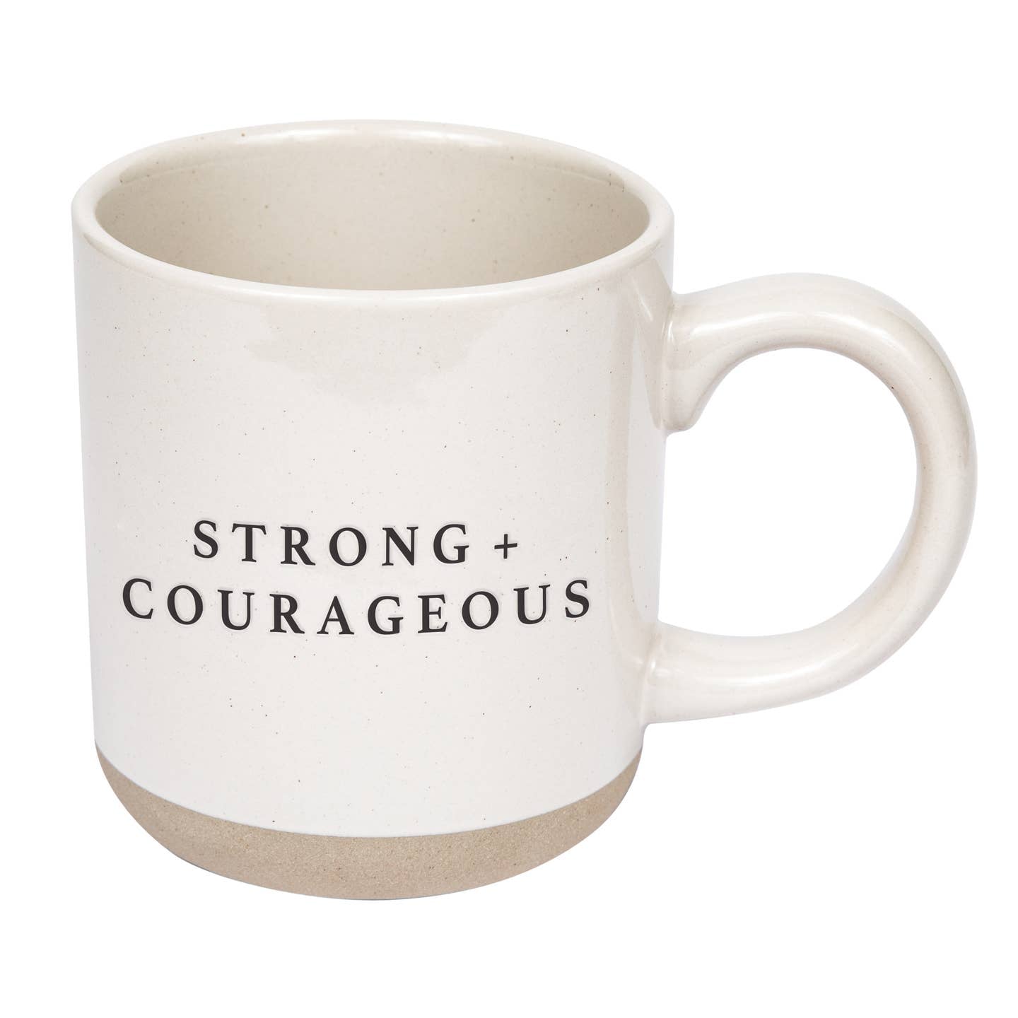 White mug with 'STRONG + COURAGEOUS' text on a white background