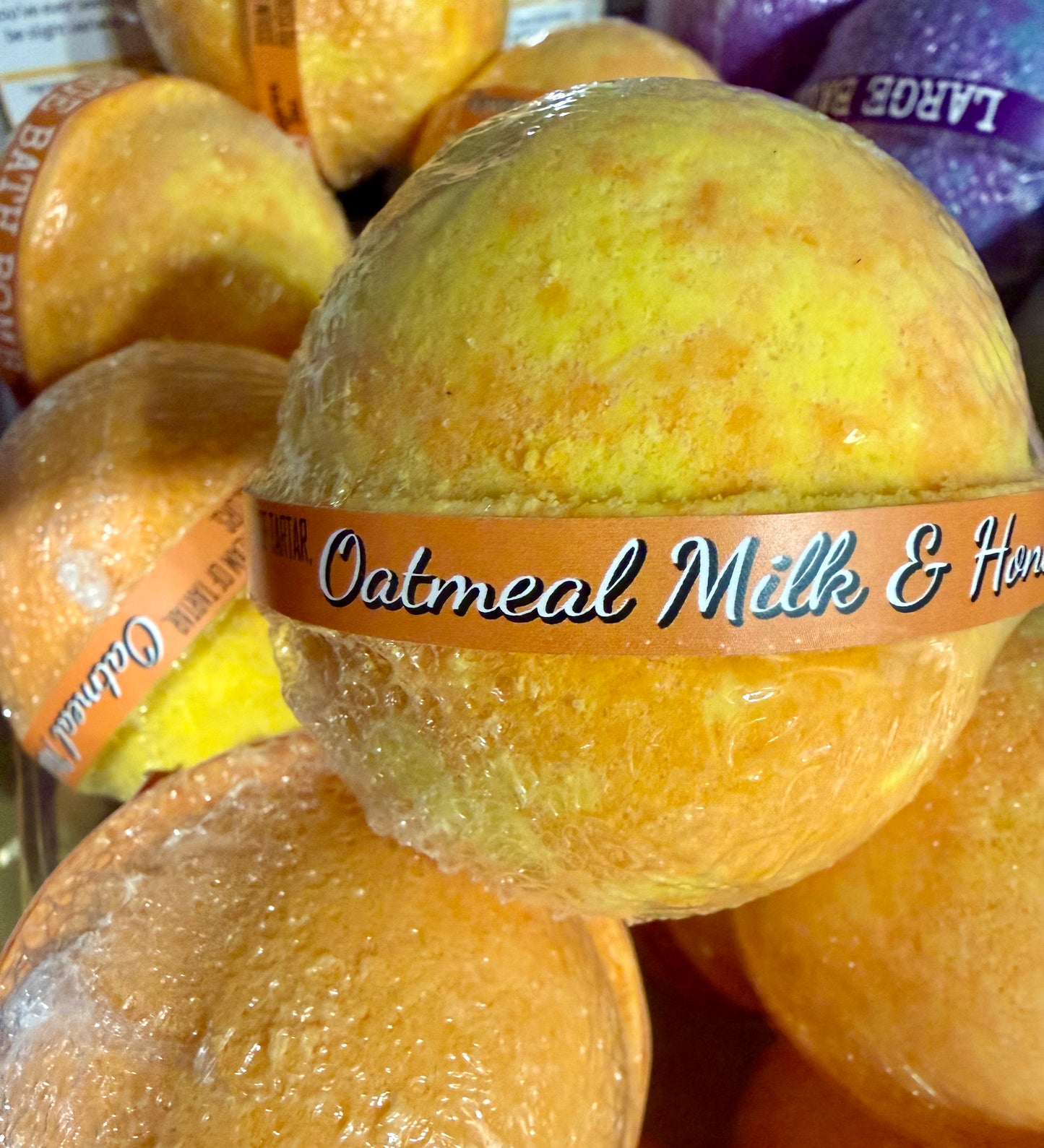 Bath Bomb with tag "Oatmeal Milk & Honey"