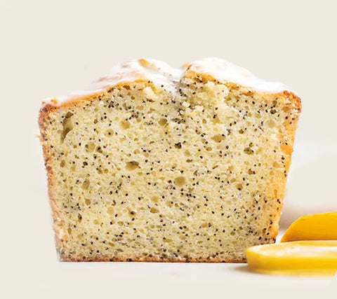 Lemon Poppy Seed Soberdough Bread loaf on white background with lemon slice on counter