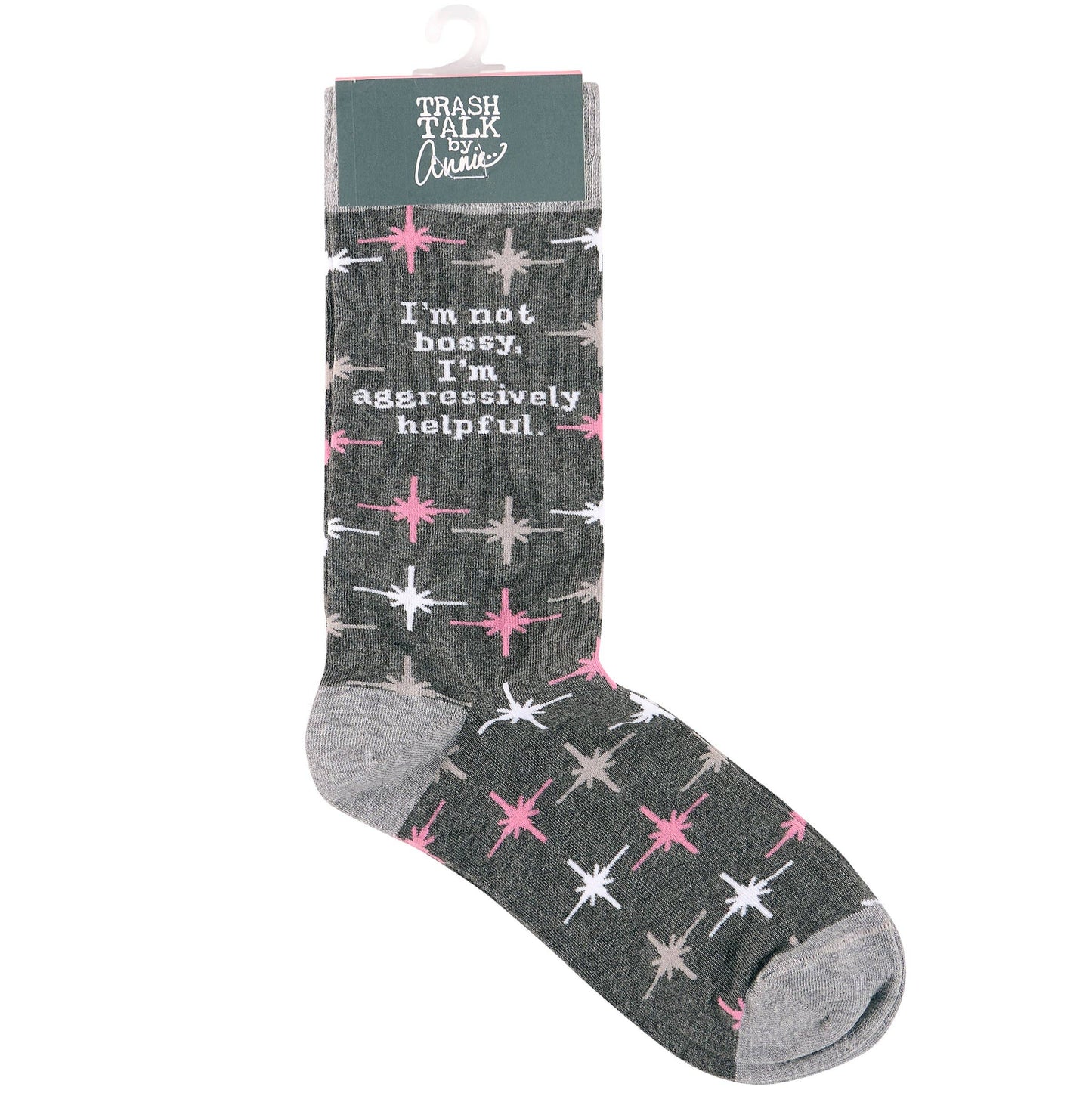 Sock with text 'I'm not bossy, I'm aggressively helpful' and star pattern on a white background
