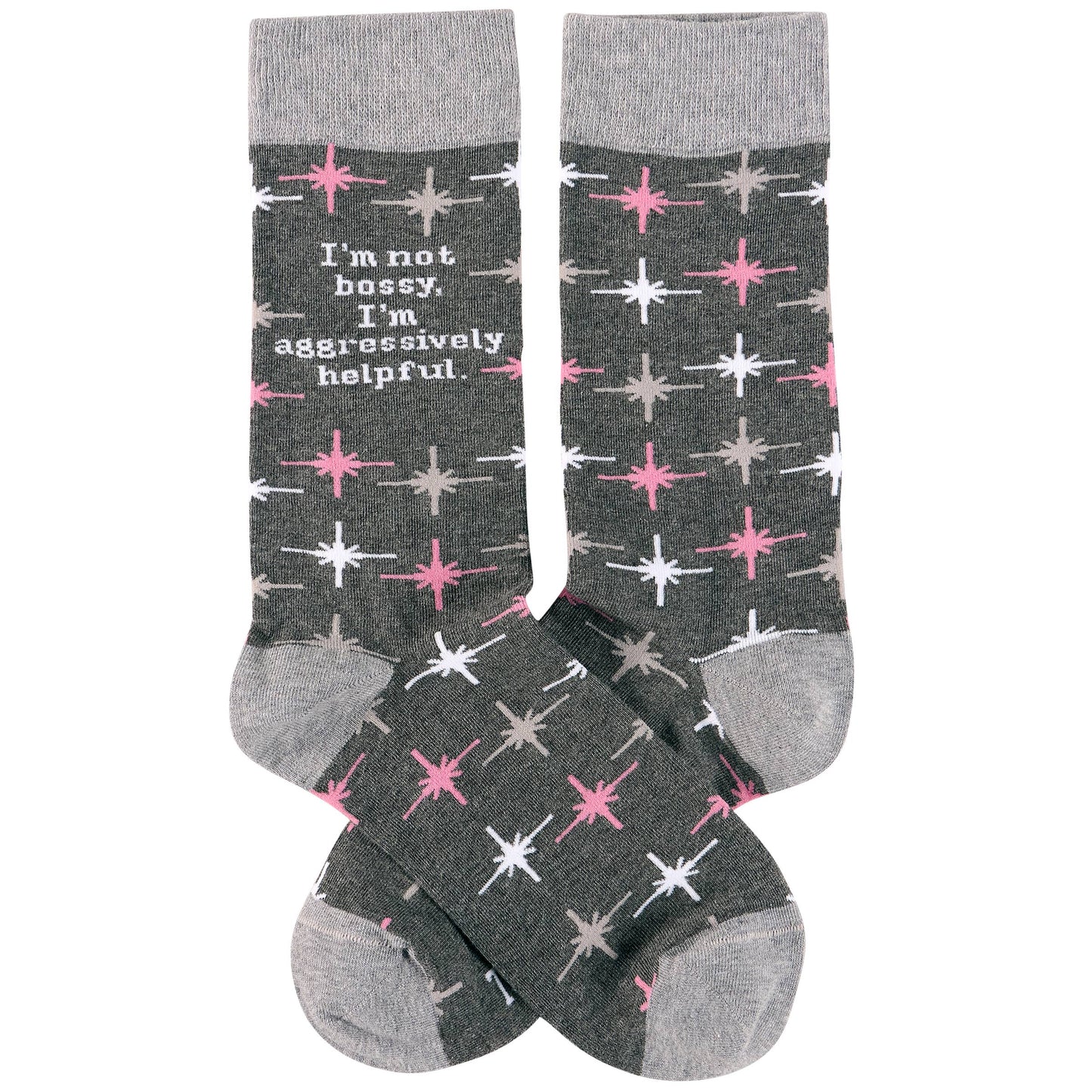 Gray socks with pink and white star pattern and text on a white background