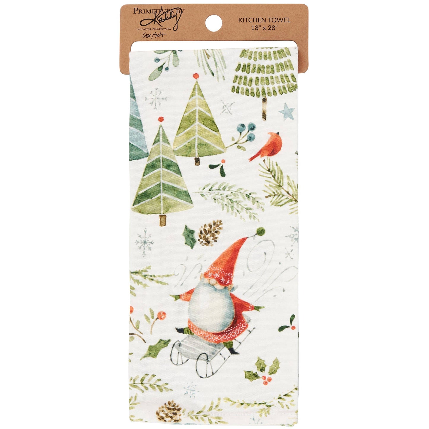 Kitchen towel with Christmas-themed design featuring trees, a gnome, and birds on a white background.