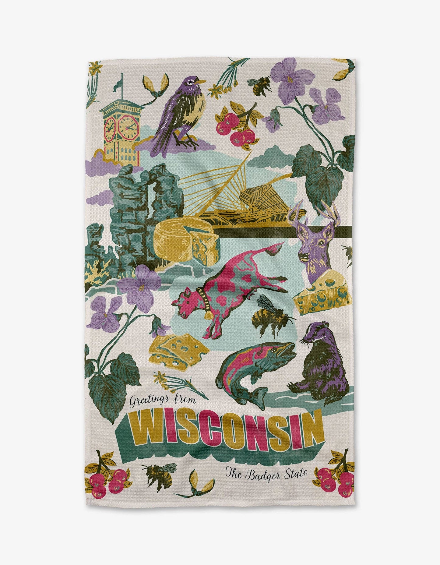 Geometry Decorative tea towel with colorful illustrations of Wisconsin-themed designs on a white background