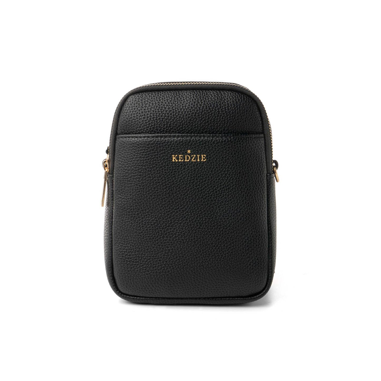 Black leather crossbody bag with gold zipper on white background