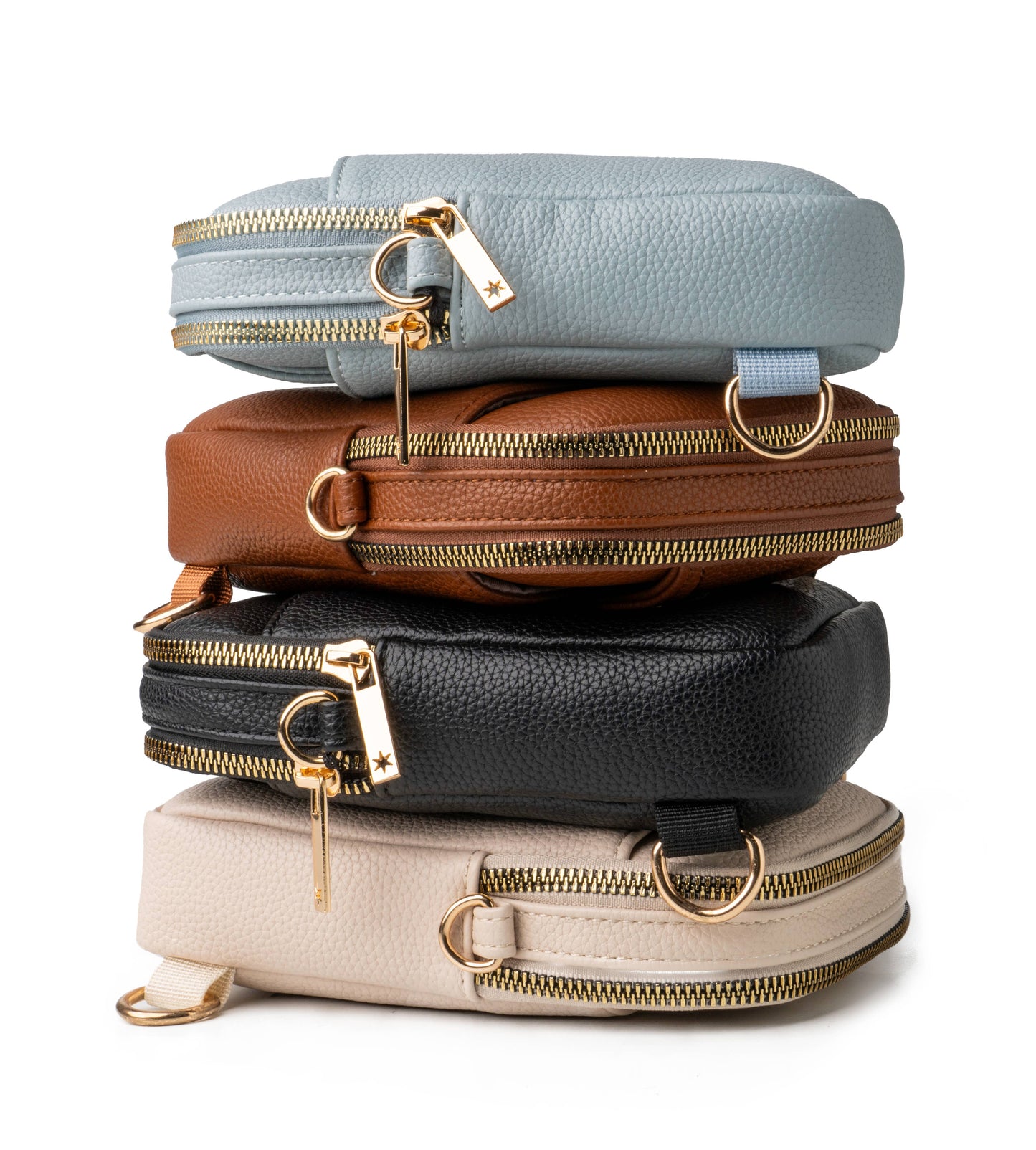 Stack of five colorful leather pouches with zippers.