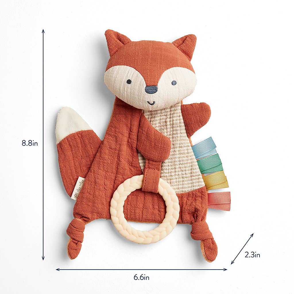 Plush fox toy with a ring, showing measurements on a white background