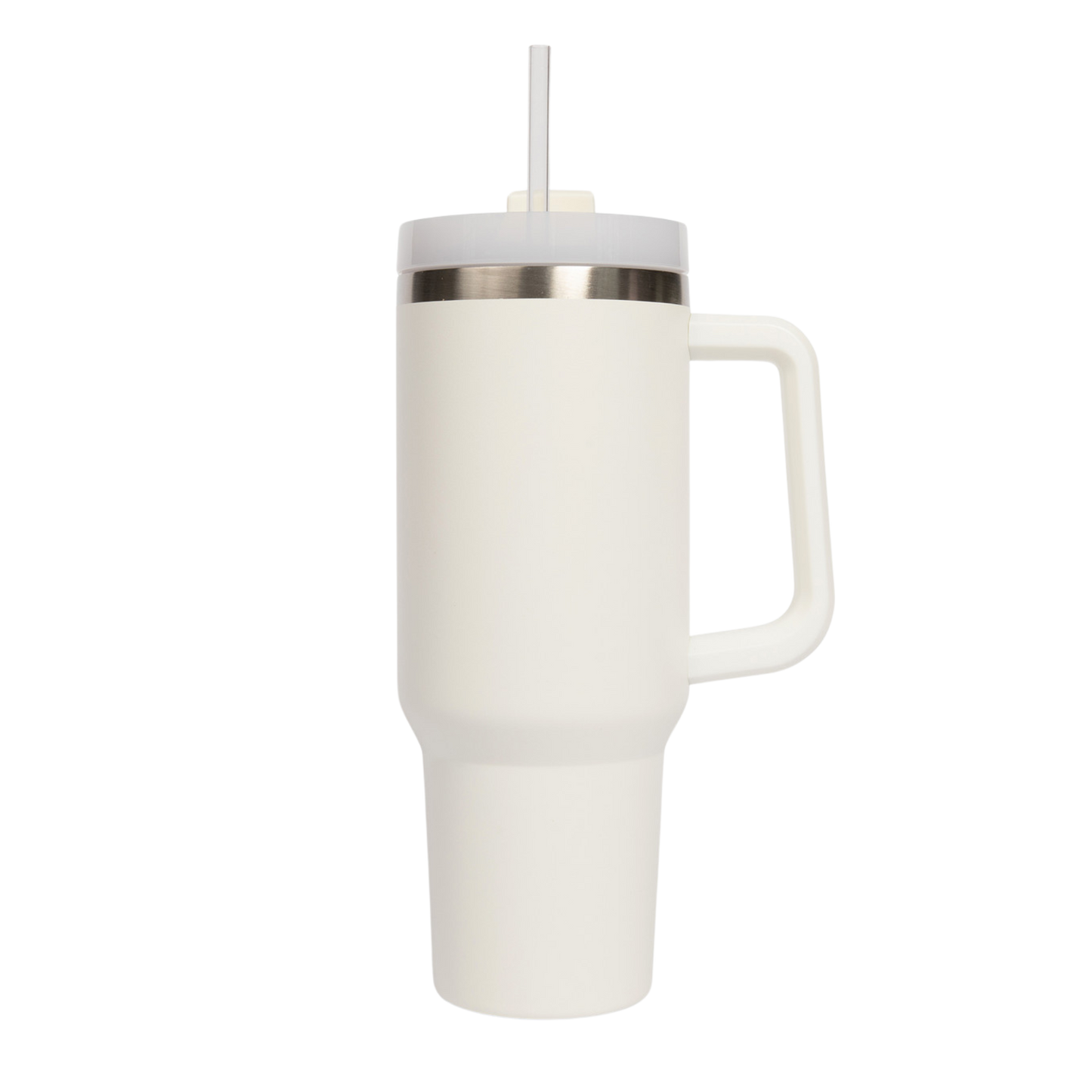 White insulated mug with handle and straw on a white background