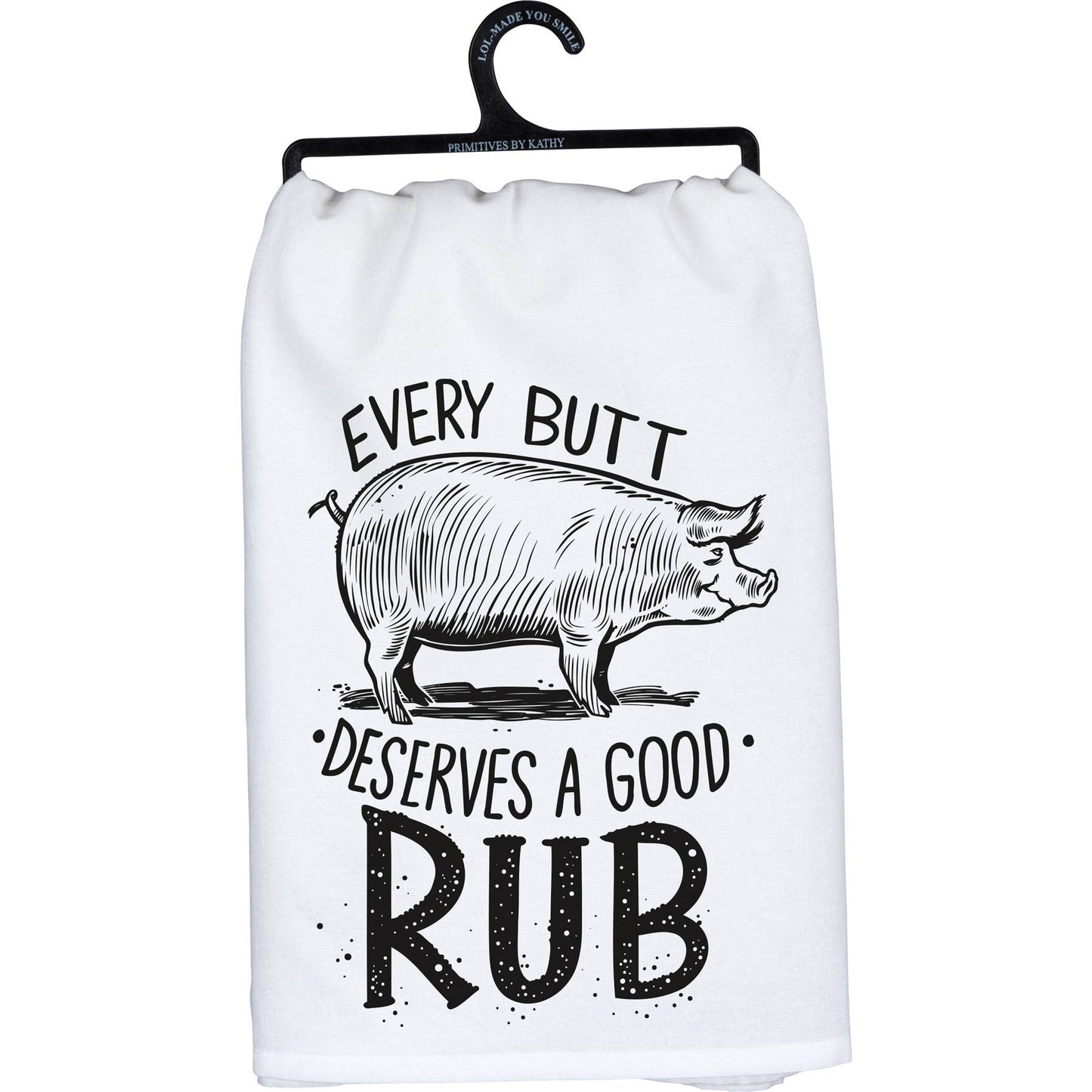 White towel with black pig illustration and text on a hanger