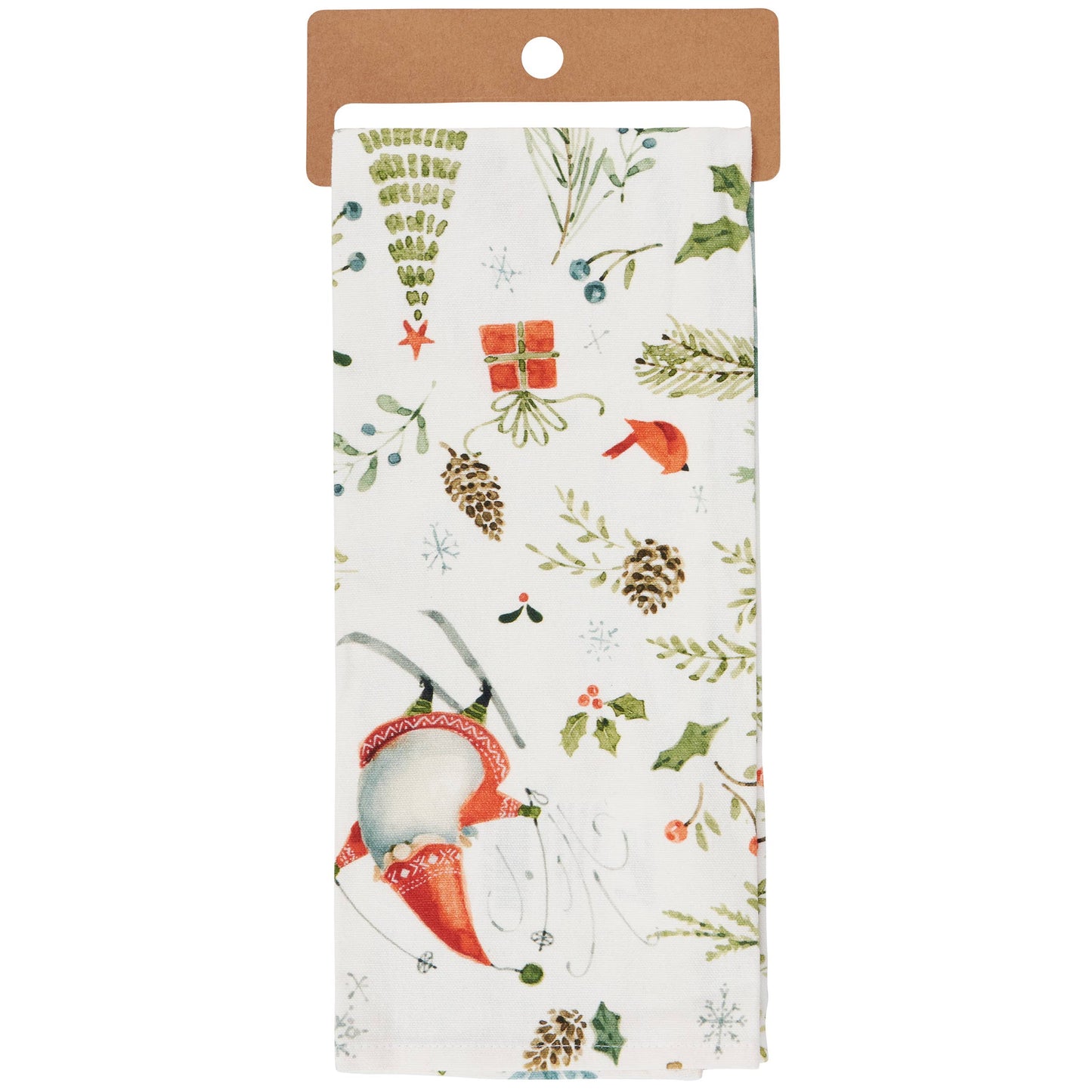 Packaged towel with Christmas-themed design featuring a gnome, presents, and foliage.