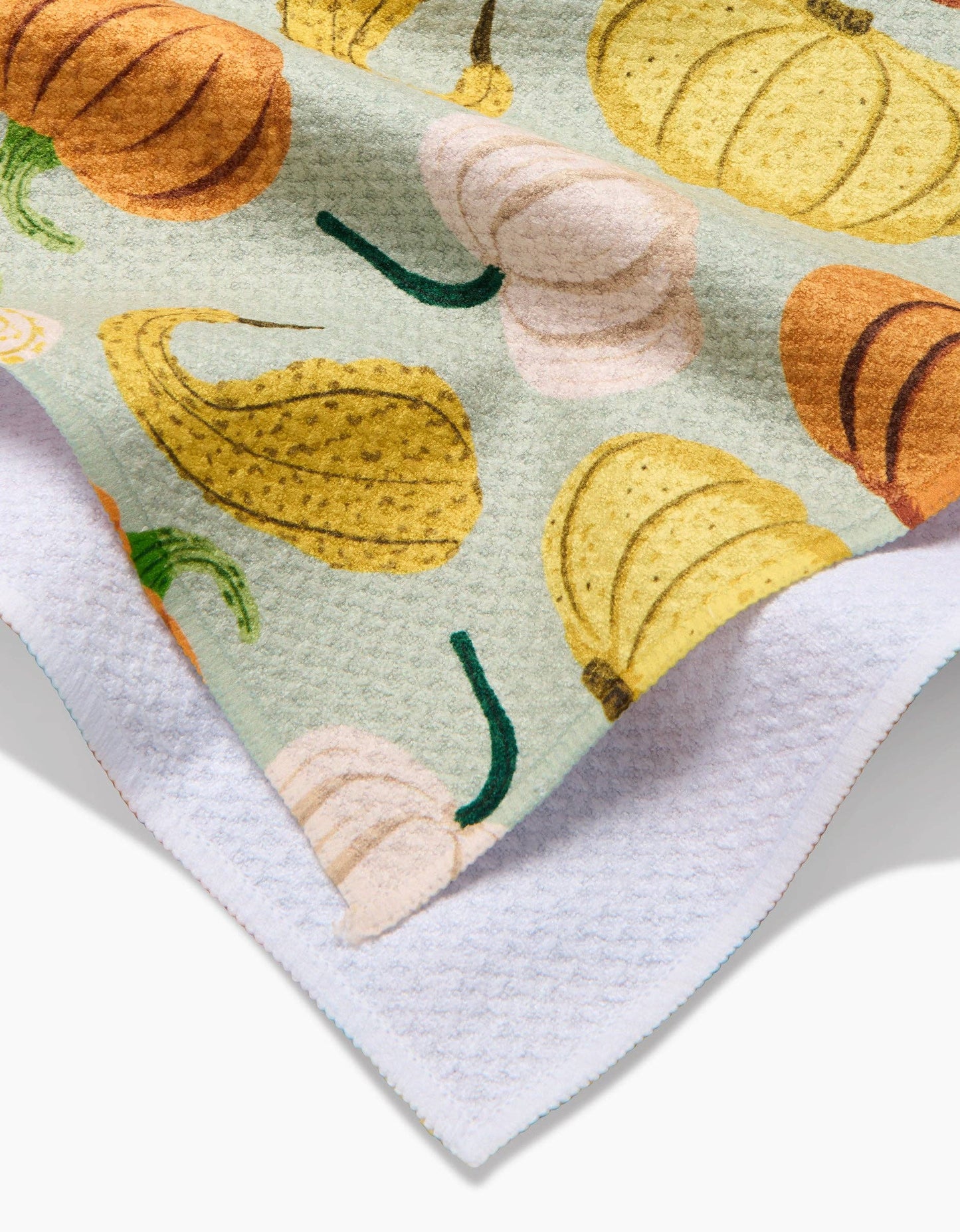 Close-up of a rug with pumpkins and gourds pattern on a light green background.