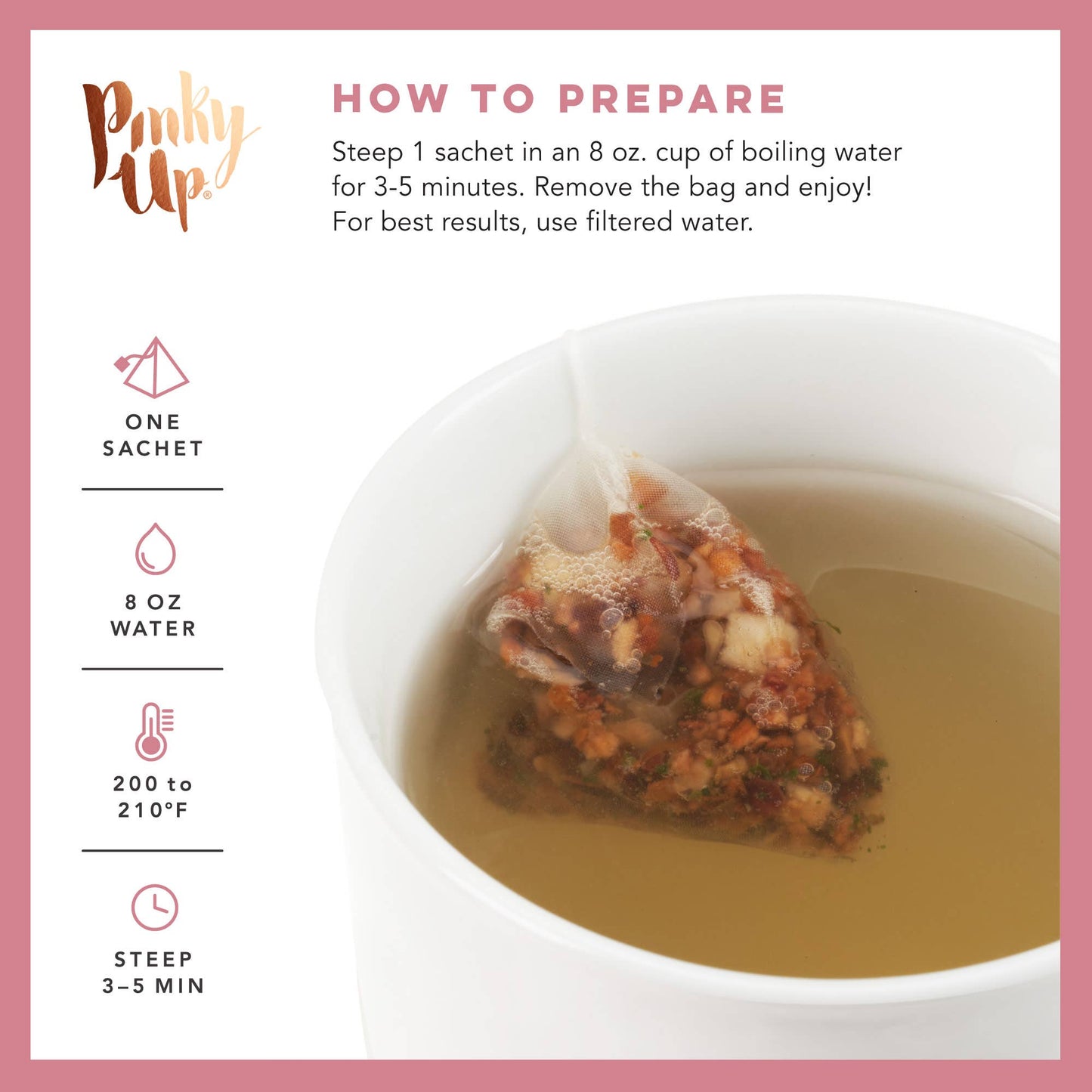 Tea bag steeping in a cup of water with preparation instructions on a pink border.