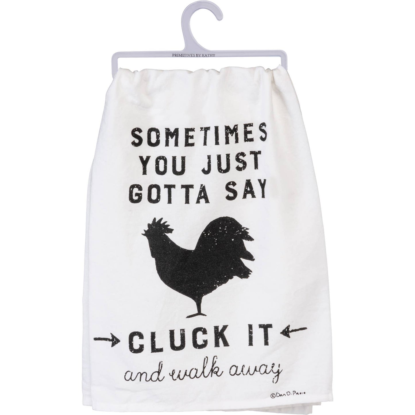 White towel with black text and rooster graphic on a hanger
