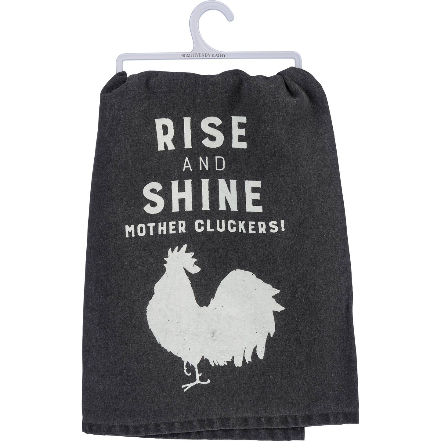 Black towel with white text and rooster graphic on a hanger