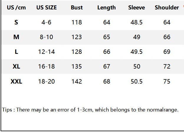 Size chart for clothing with measurements in US size, bust, length, sleeve, and shoulder.