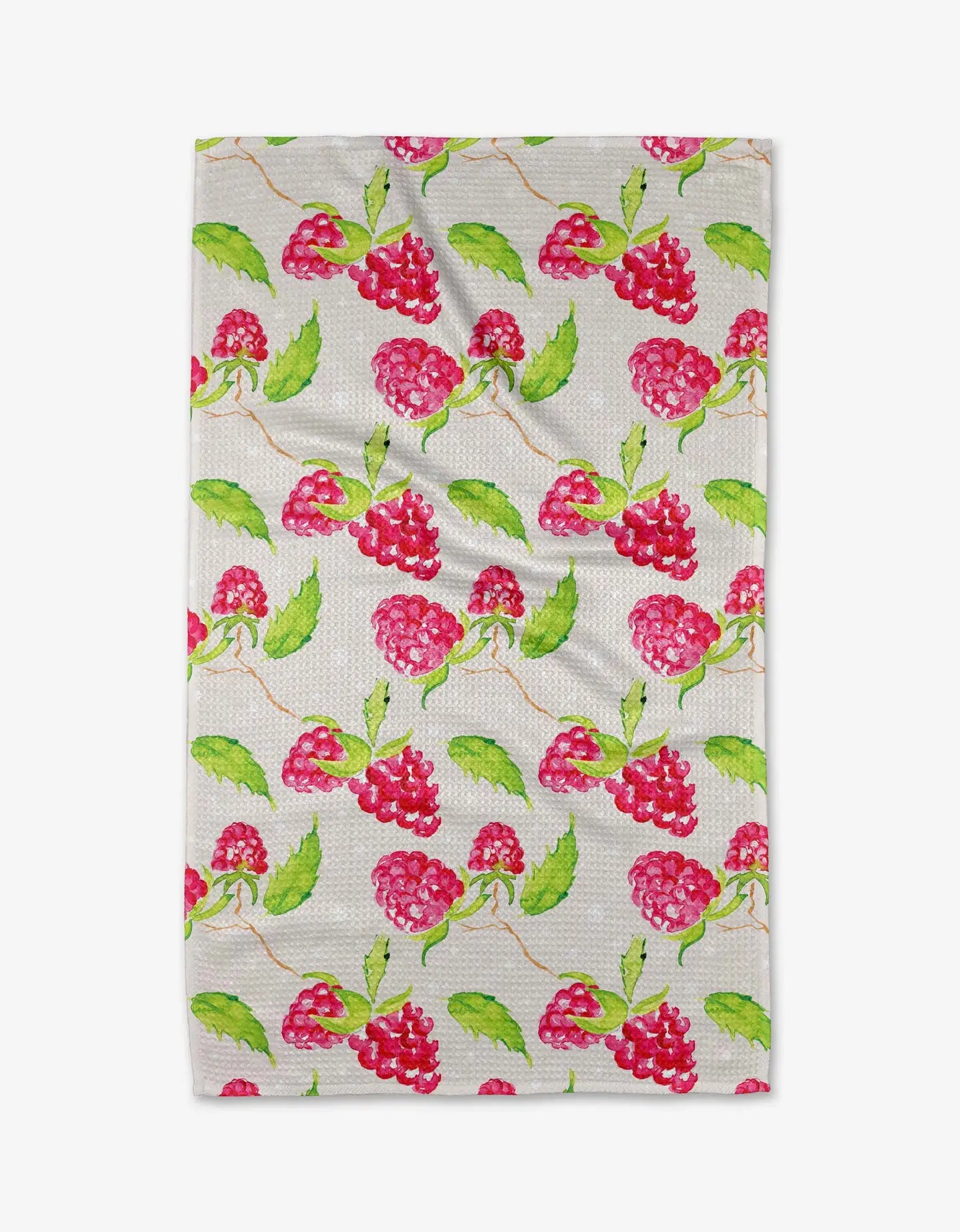 Floral patterned geometry tea towel with pink flowers and green leaves on a white background