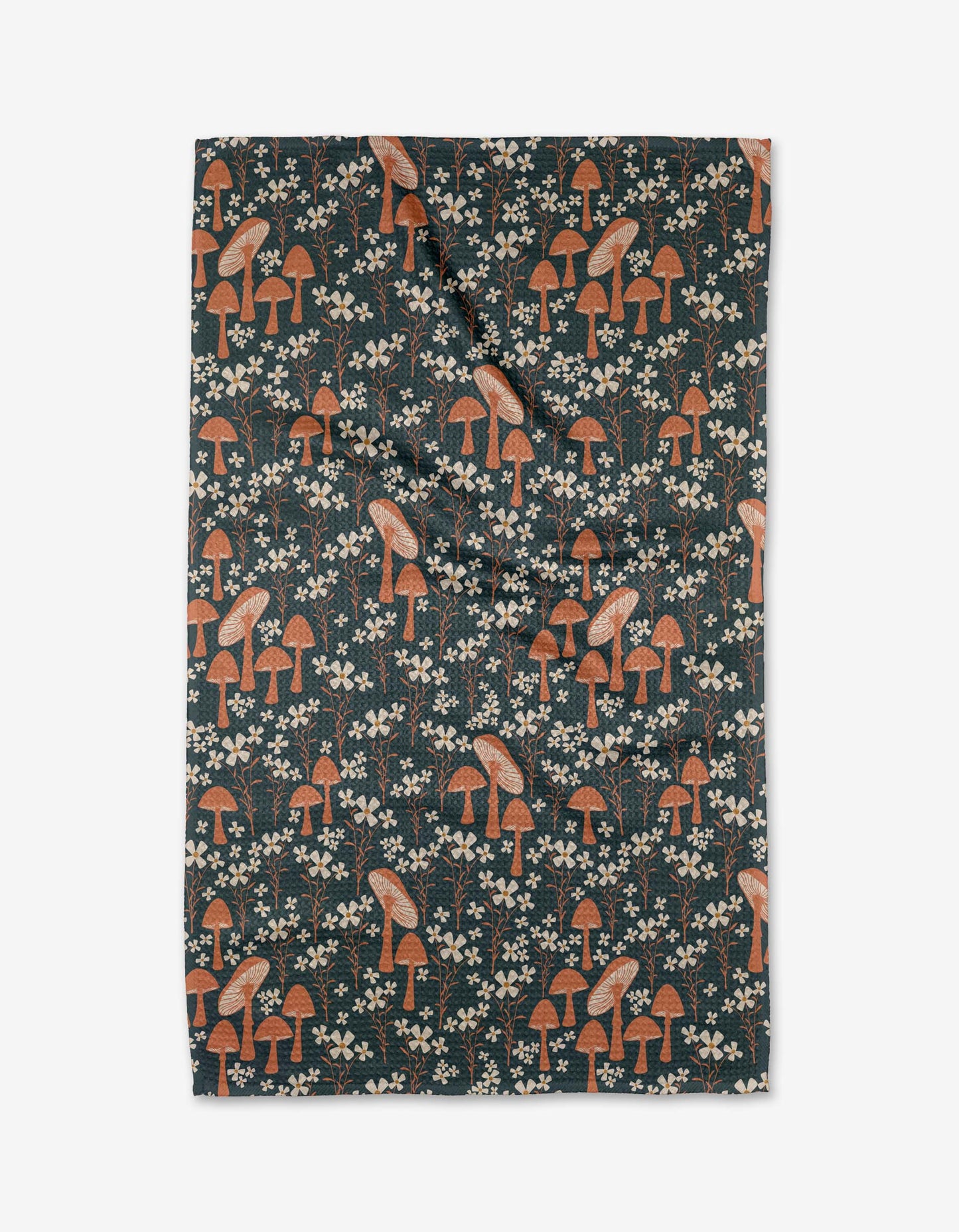 Patterned kitchen tea towel with mushrooms and flowers on a dark background Geometry Brand