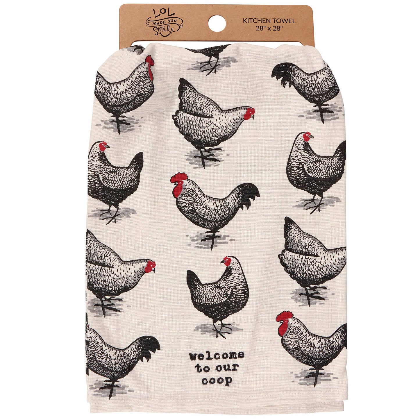 Kitchen towel with chicken pattern and text 'Welcome to our coop' on a white background
