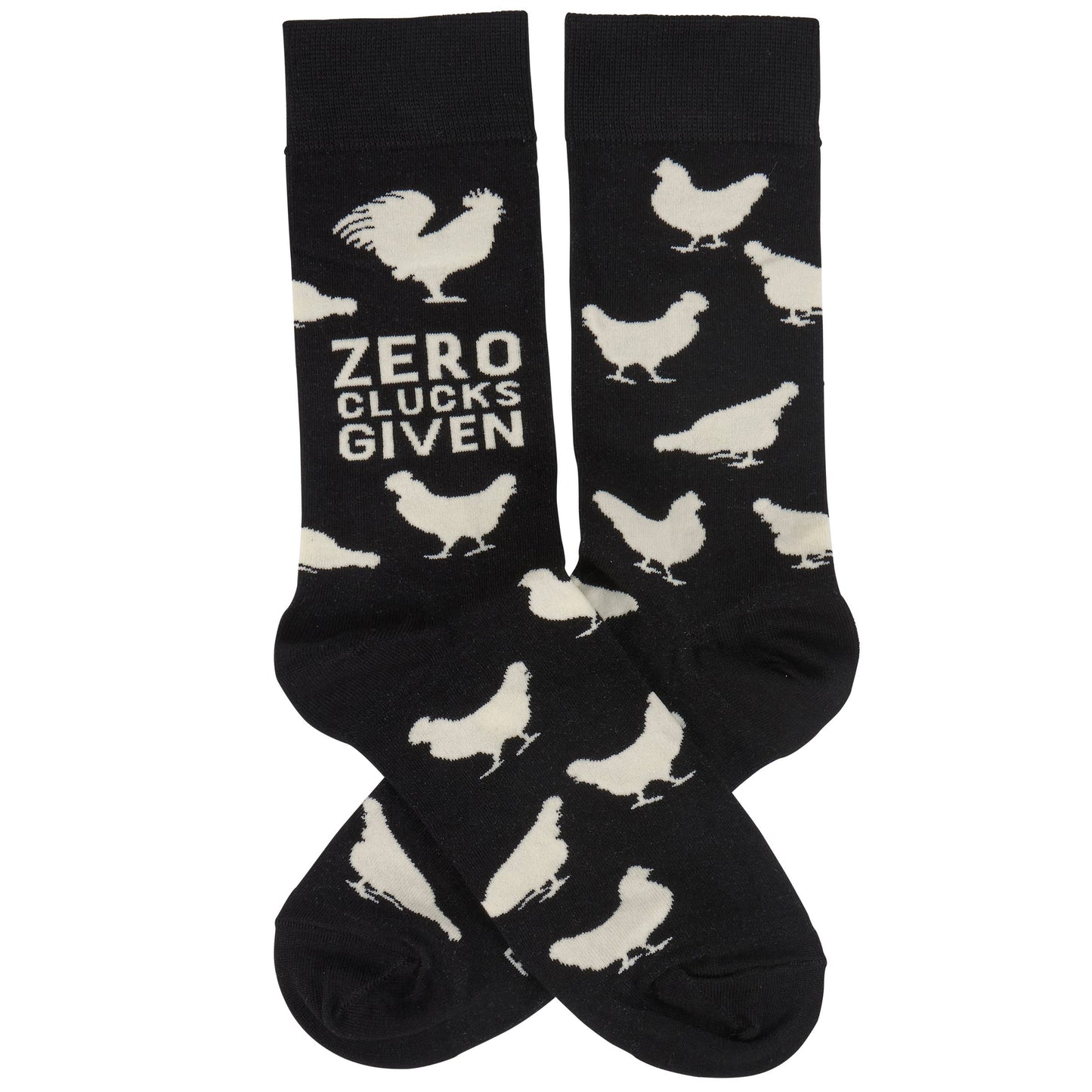 Black socks with white chicken patterns and 'Zero Clucks Given' text on a white background