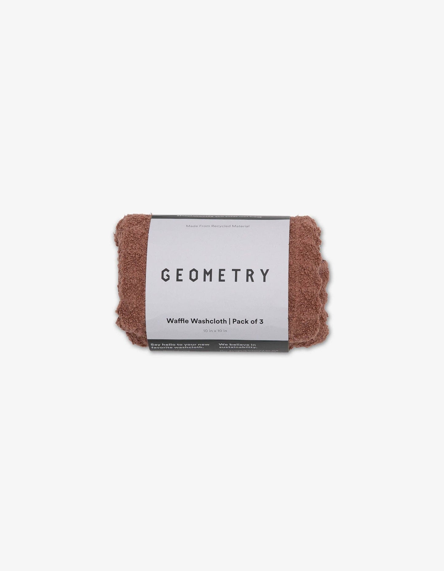Waffle washcloth with 'Geometry' branding on a white background