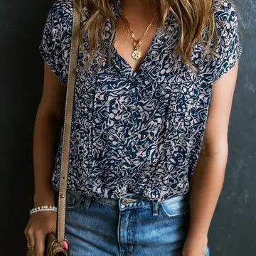 Ensley Buttoned V Neck Short Sleeve Blouse