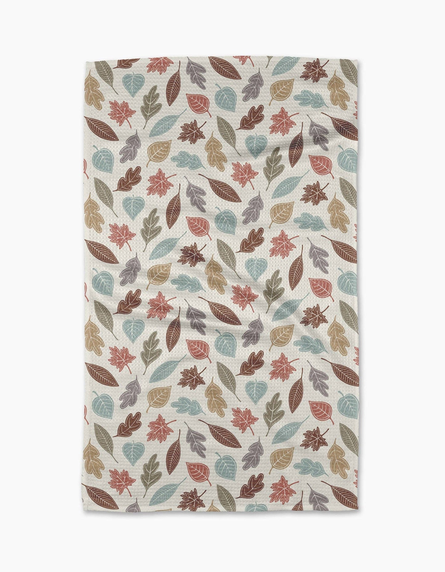 Geometry brand kitchen tea towel with a leaf pattern on a white background
