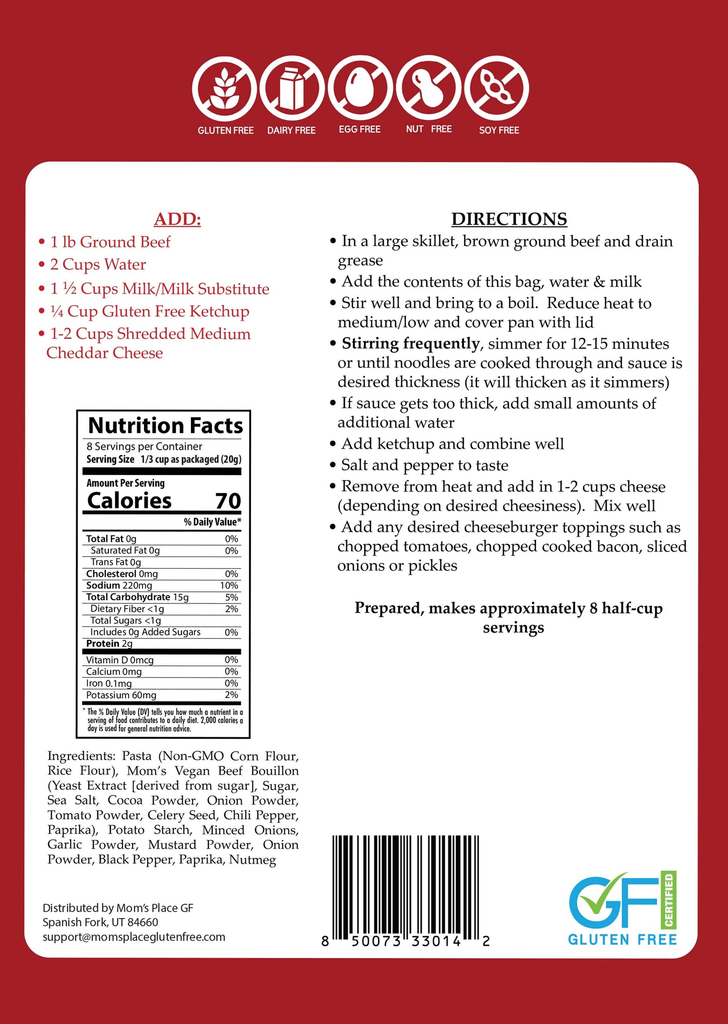 Back of a food package with nutritional information, ingredients, and preparation directions on a red background.