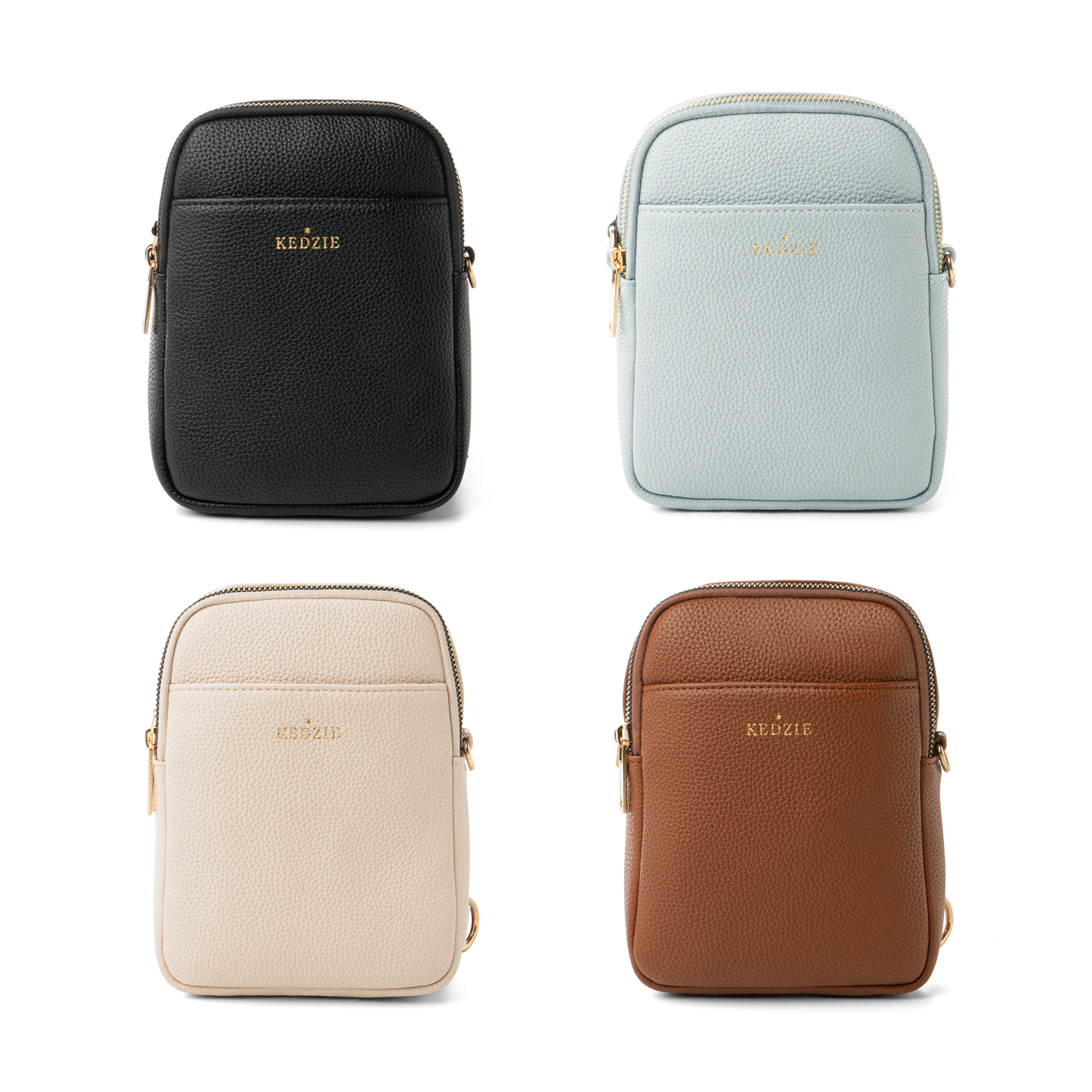 Four Kedzie Solstice Convertible Crossbody bags in different colors: black, blue, beige, and brown.