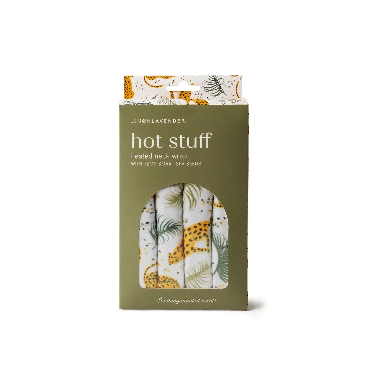 Packaged hot stuff heated neck wrap with floral design on a white background
