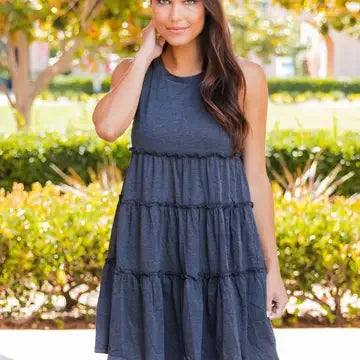 Peplum Tiered Ruffle Swing Dress - Charcoal