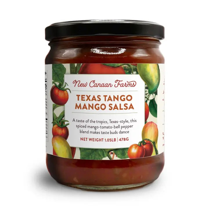 Jar of New Canaan Farms Texas Tango Mango Salsa on a white background