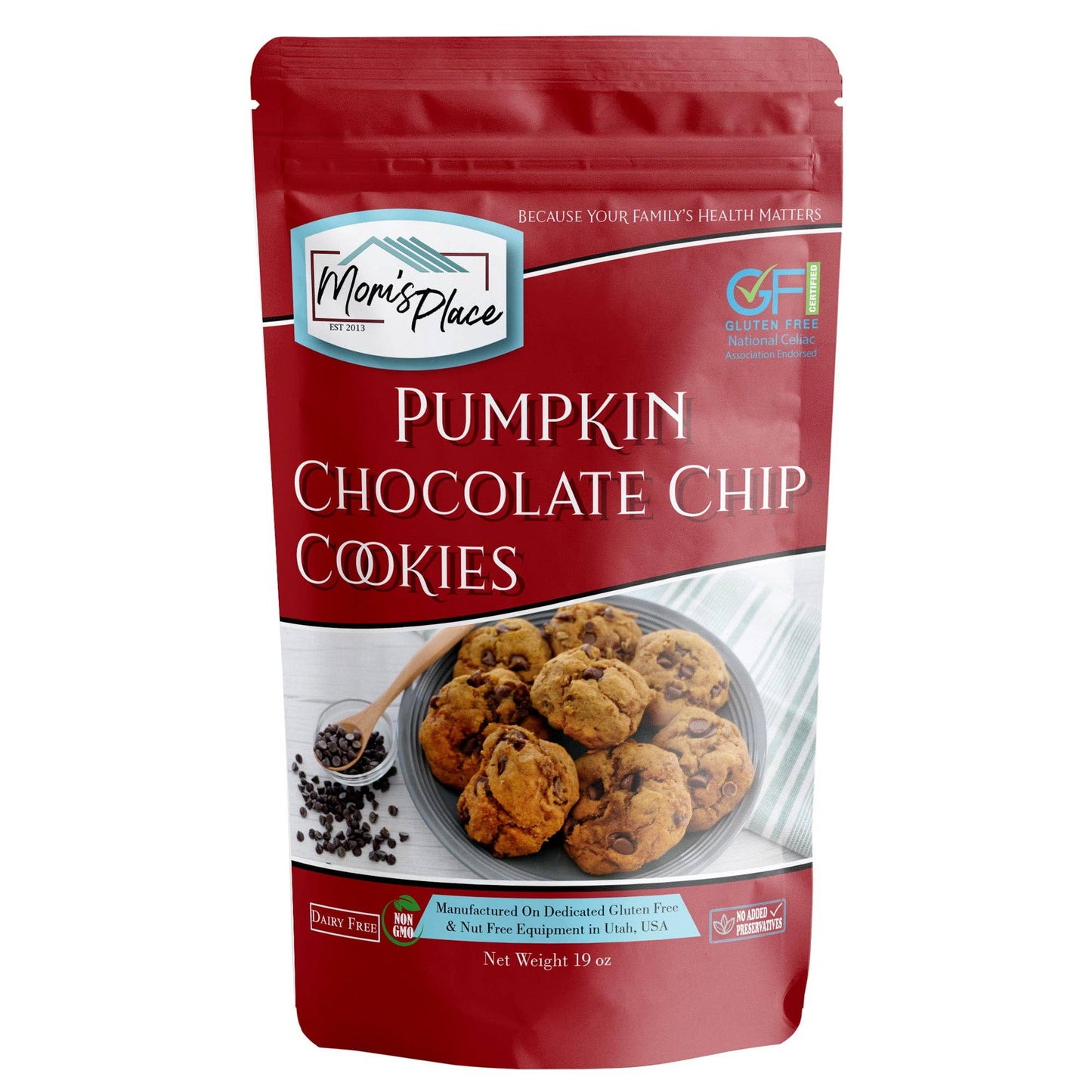 Packaging of pumpkin chocolate chip cookies from Mom's Place on a white background