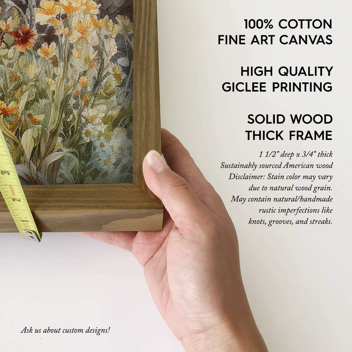 Hand holding a framed floral artwork with text about the frame's features.