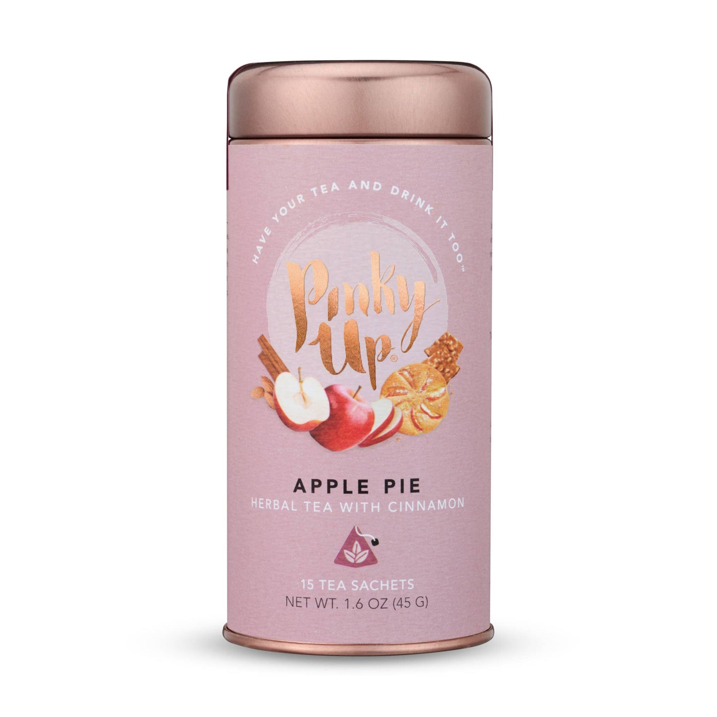Pink tea canister labeled 'Pinky Up Apple Pie' on a white background