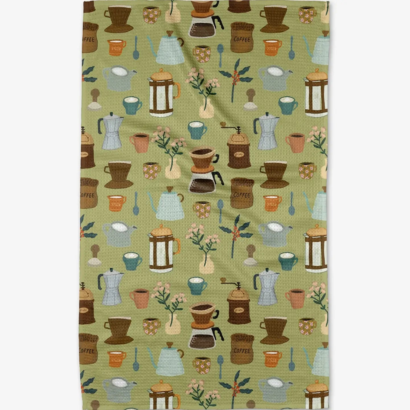 Geometry Tea towel with coffee-themed pattern on a green background