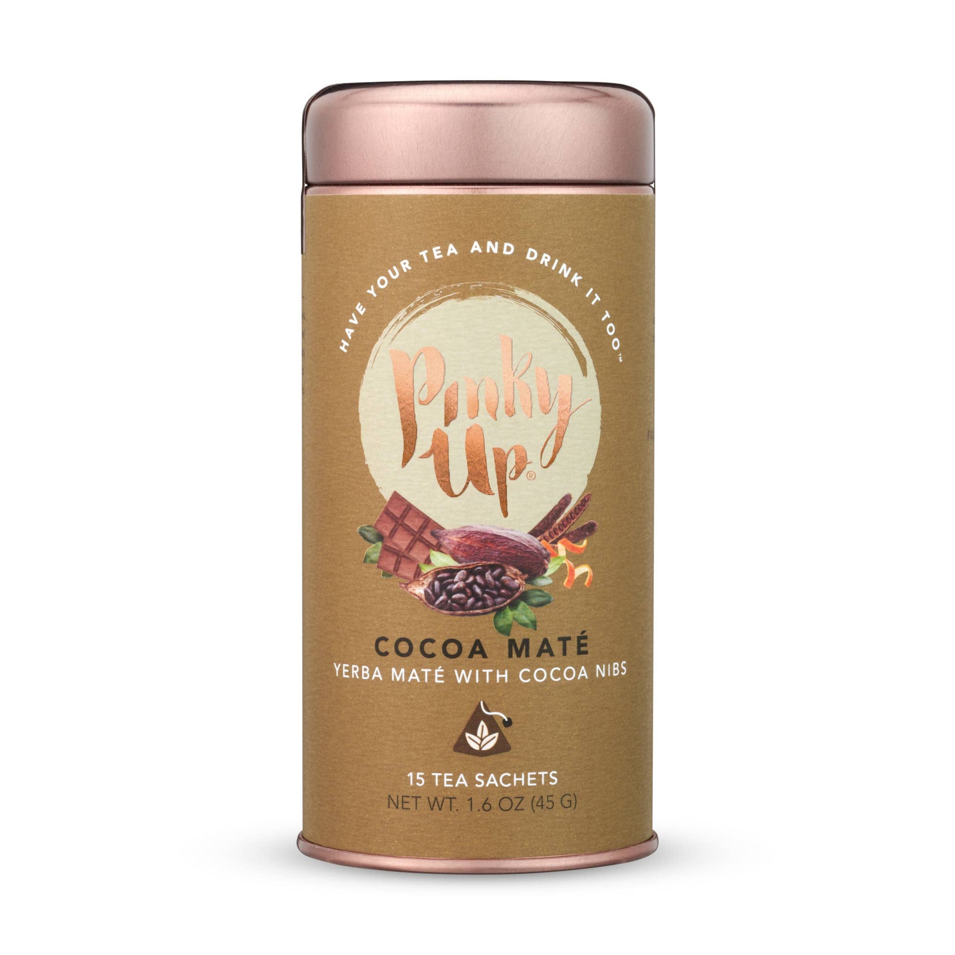 Cocoa mate tea canister with 'Pinky Up' branding on a white background