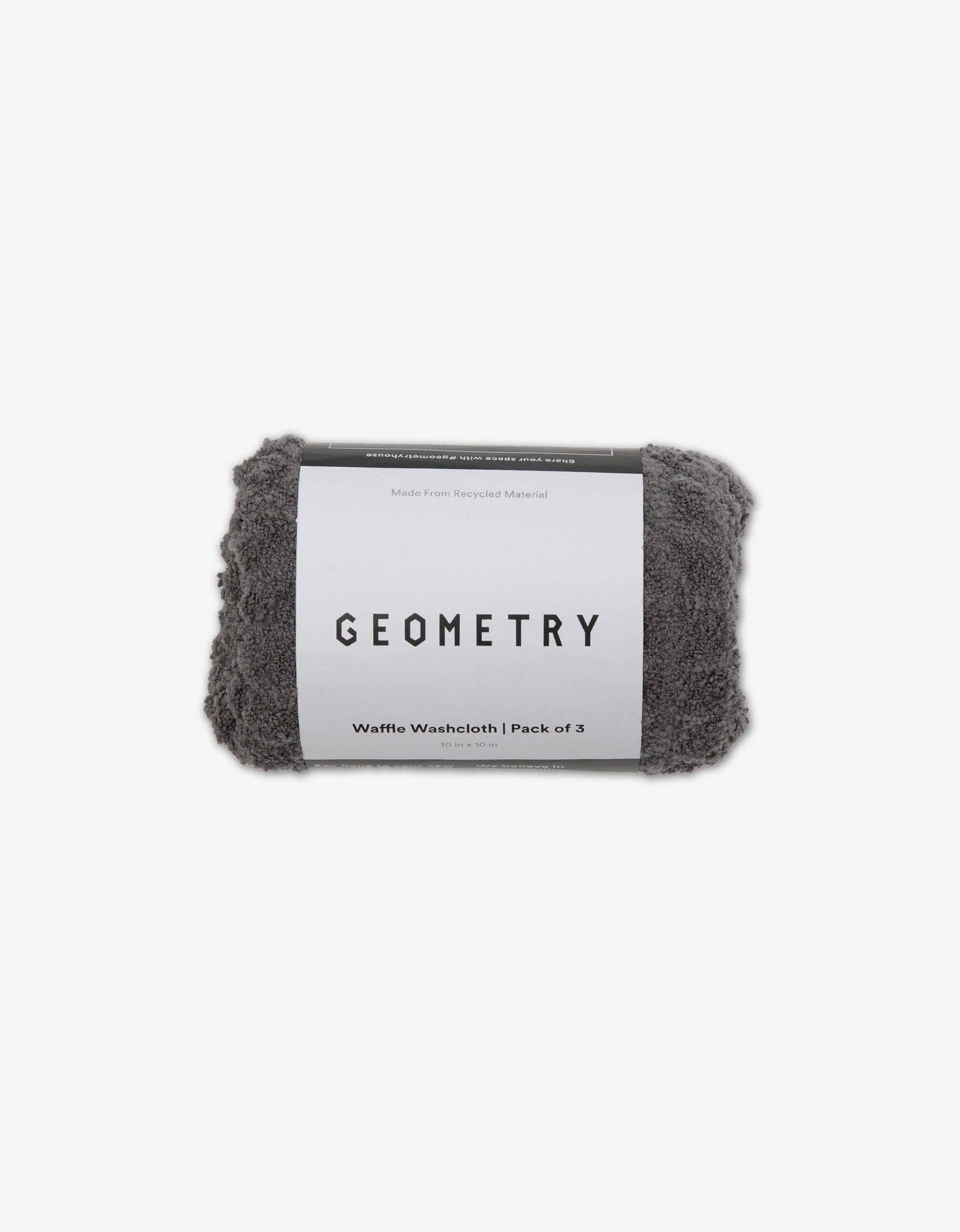 Pack of three waffle washcloths with 'Geometry' branding on a white background