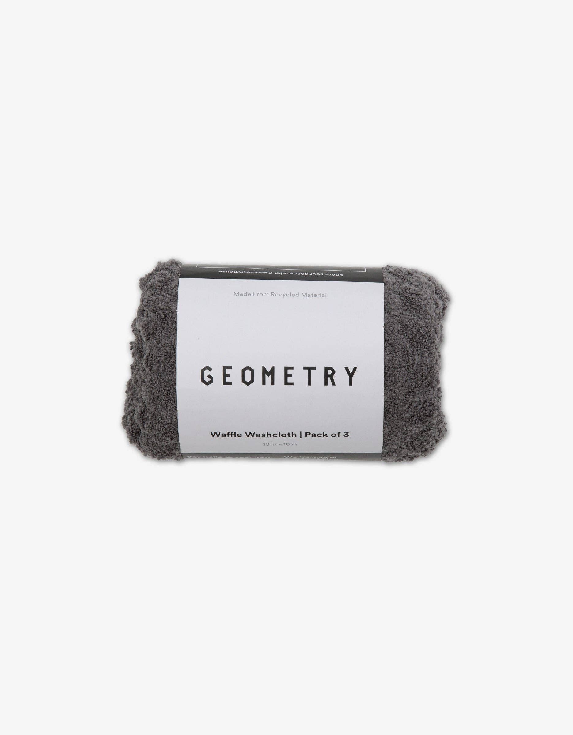 Pack of three waffle washcloths with 'Geometry' branding on a white background