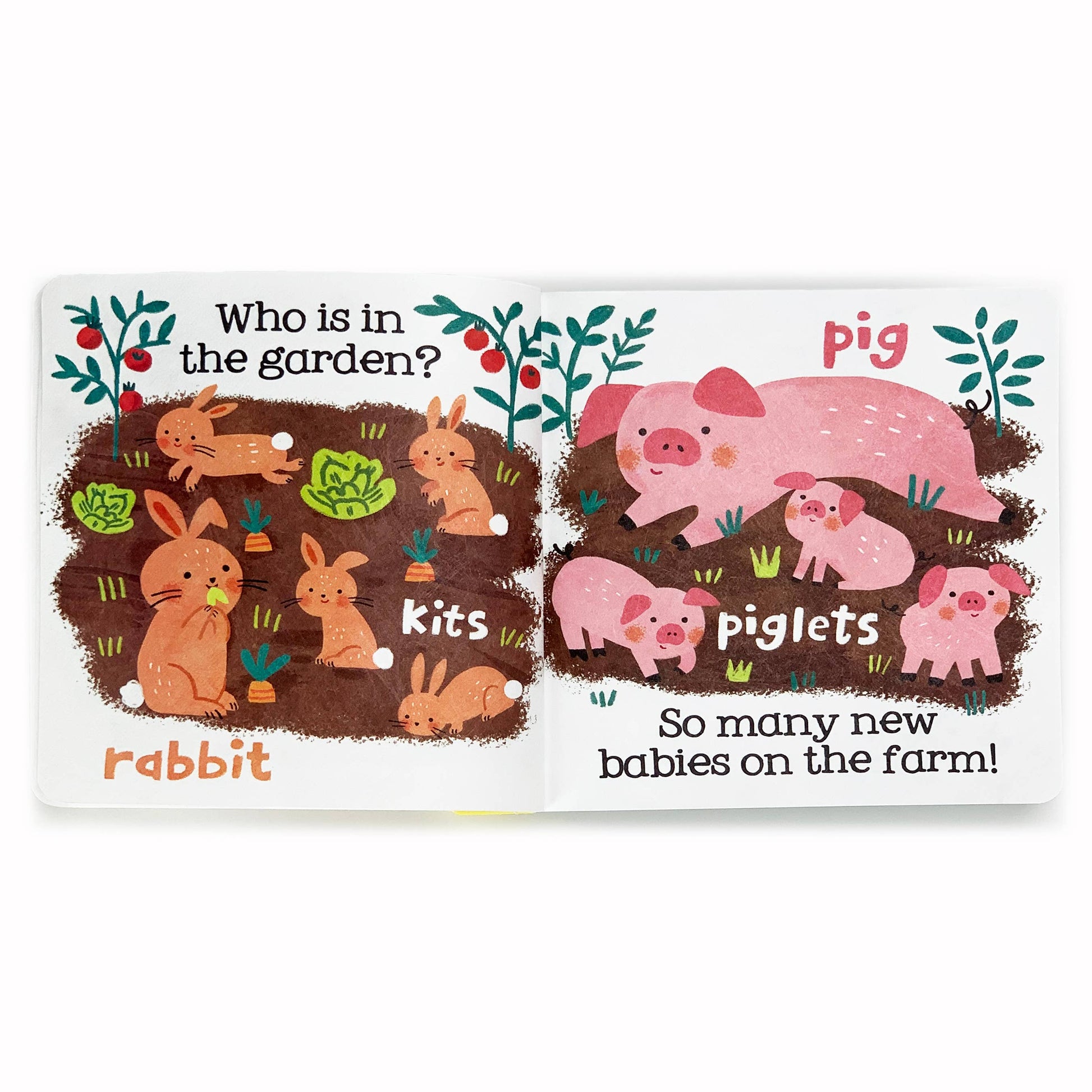 Children's book with illustrations of rabbits and piglets in a garden setting.