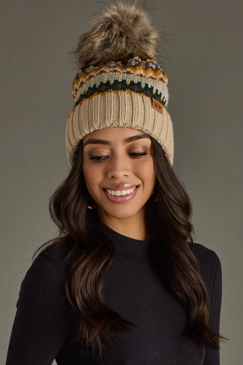 Taupe & Multicolored Patterned Pom Hat