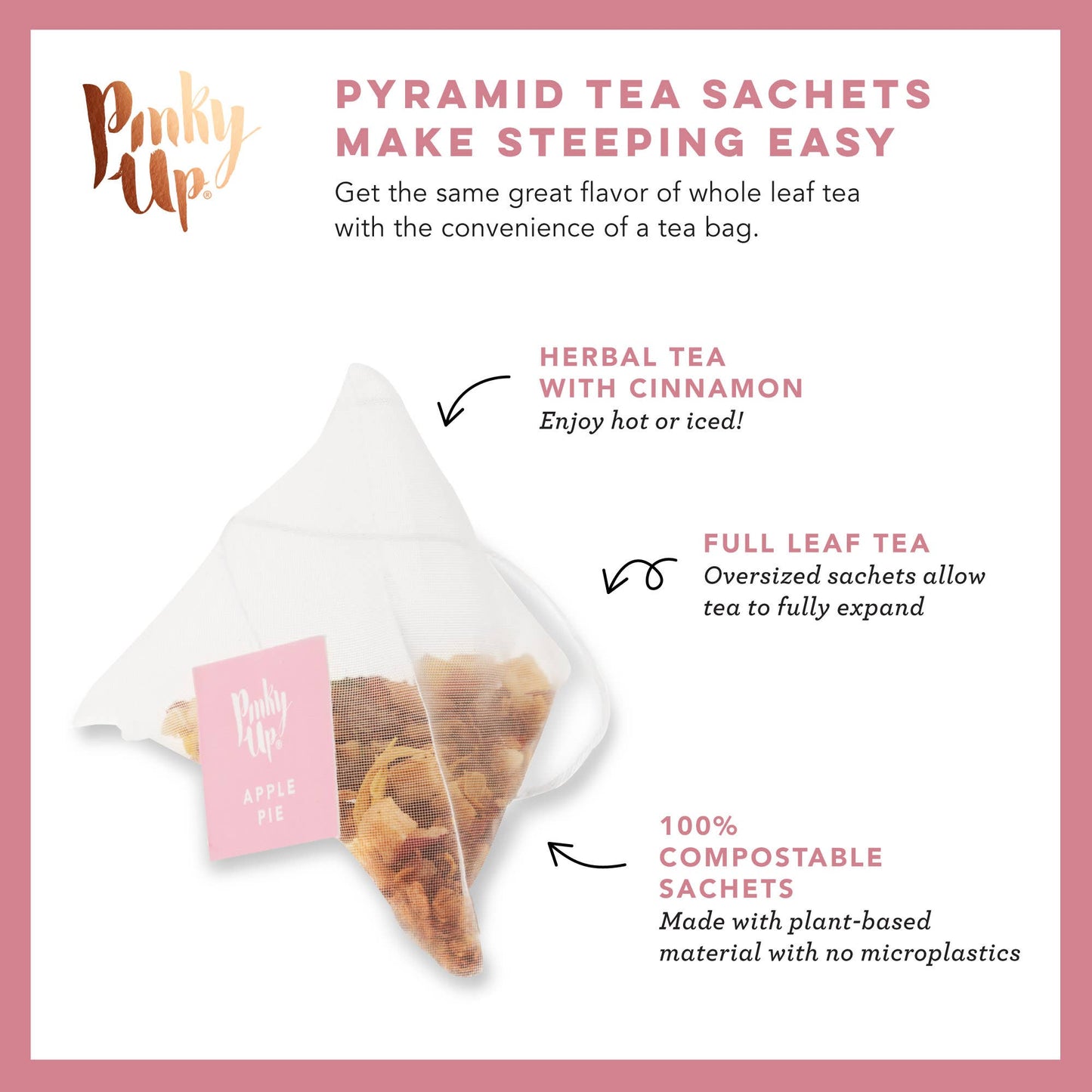 Tea bag packaging with text highlighting features on a white background