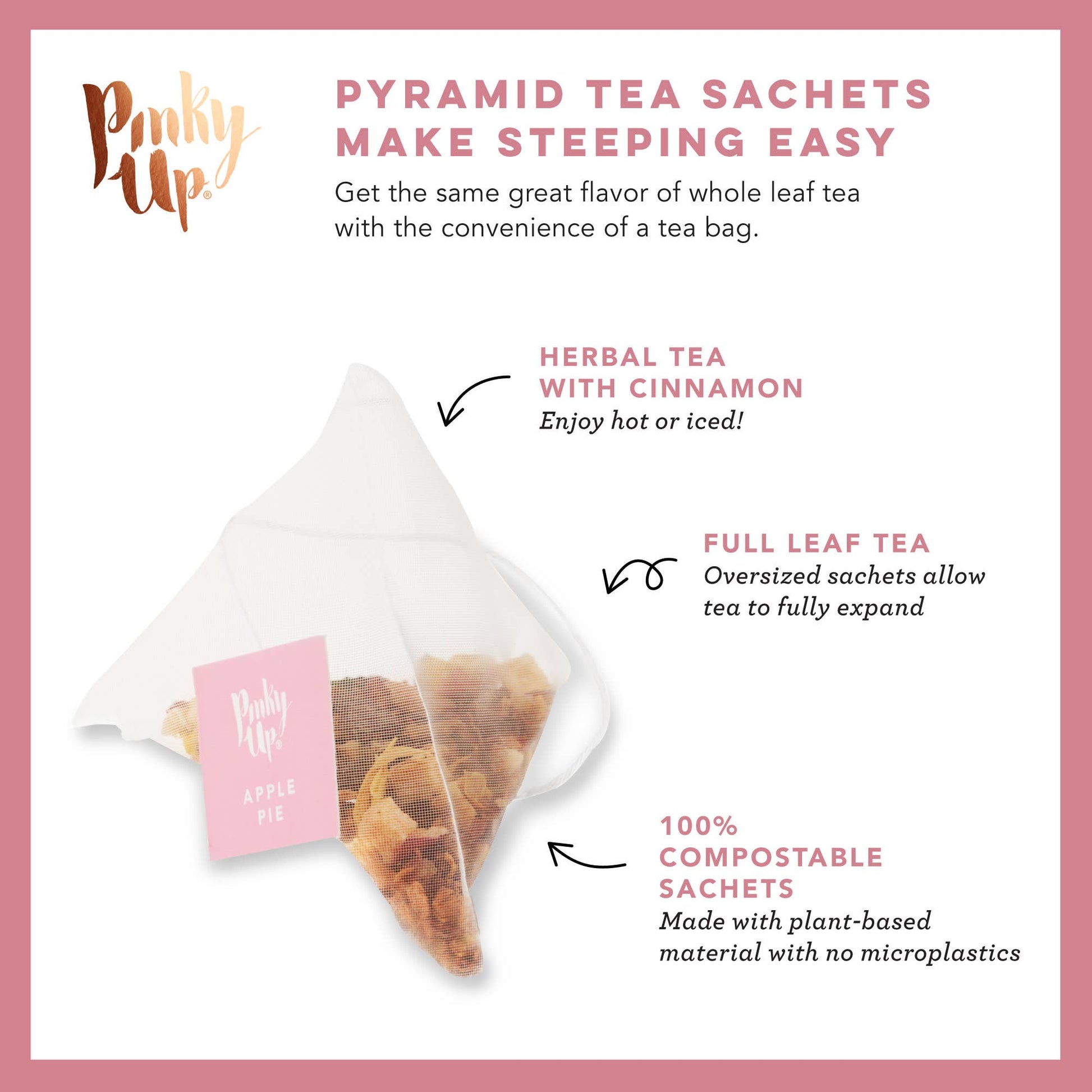 Tea bag packaging with text highlighting features on a white background