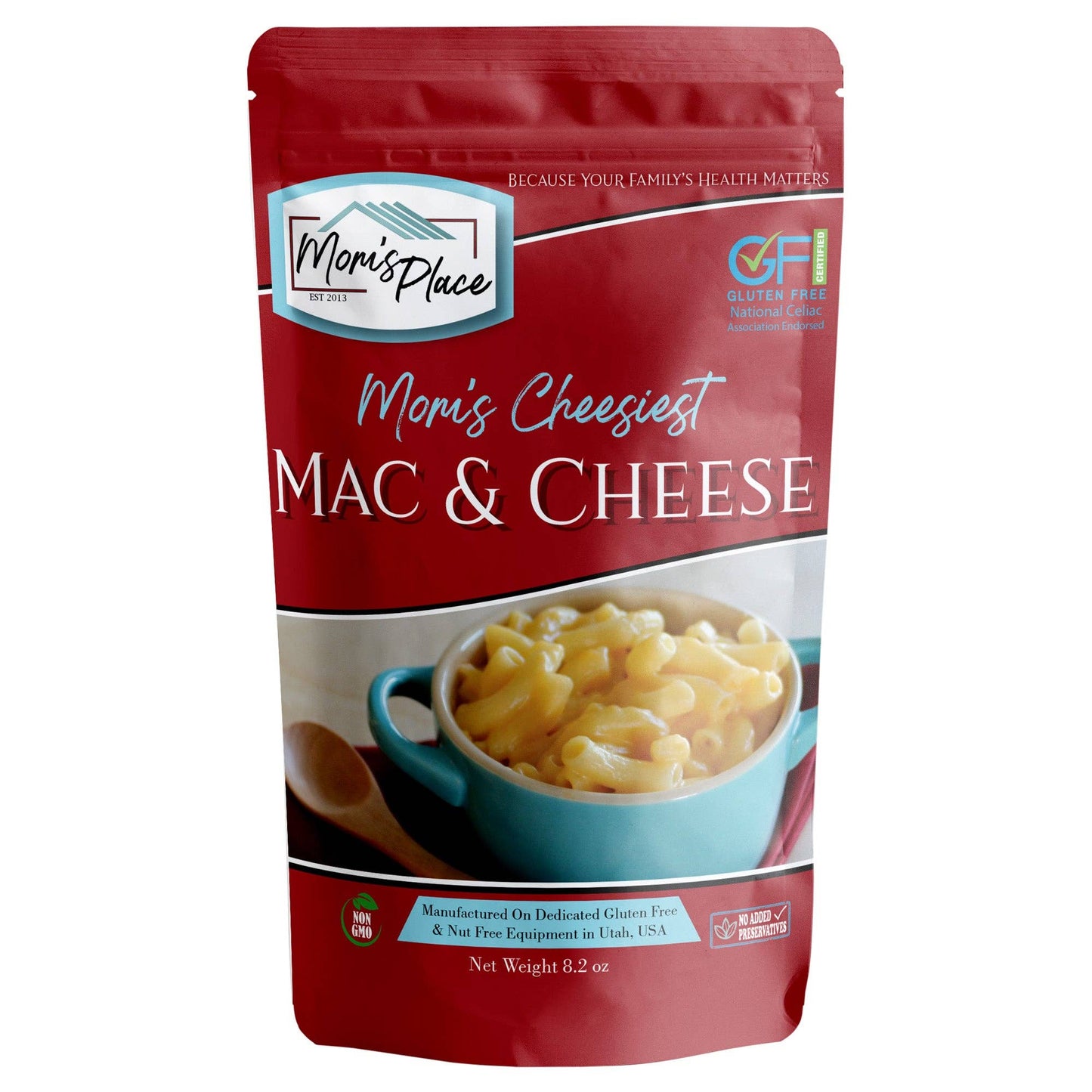 Mom's Place Mac & Cheese packaging on a white background