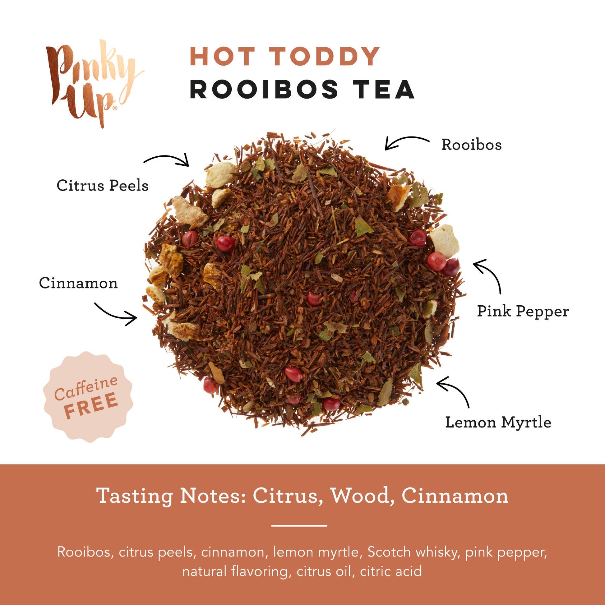 Hot Toddy Rooibos Tea blend with labeled ingredients on a white background