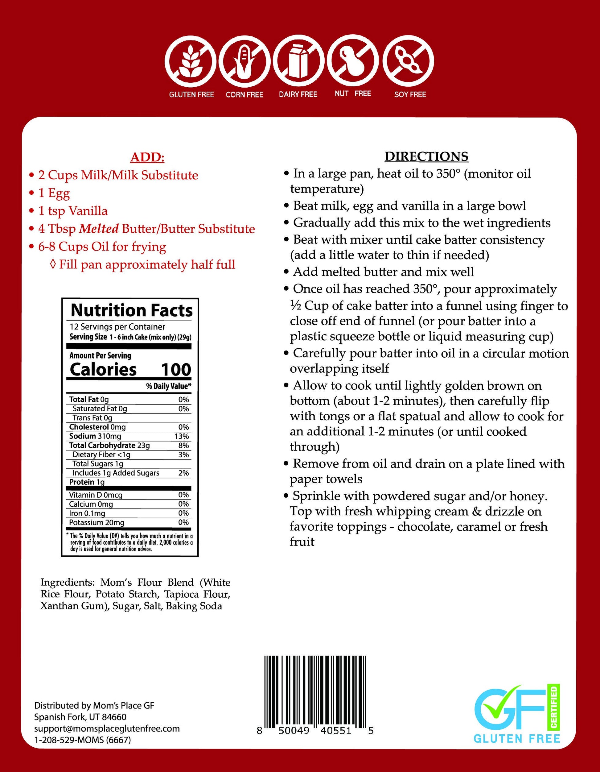 Back of a food package with nutritional information, ingredients, and cooking directions.